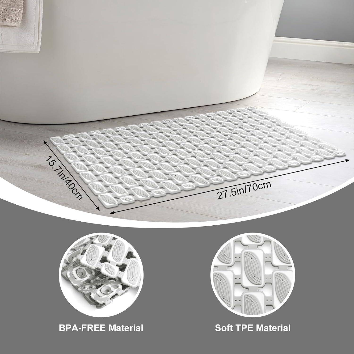 Weißer strukturierter Badezimmerteppich, 27,5 x 15,7 Zoll, dargestellt unter einer Badewanne mit Nahaufnahmen, die BPA-freie und weiches TPE-Material hervorheben.