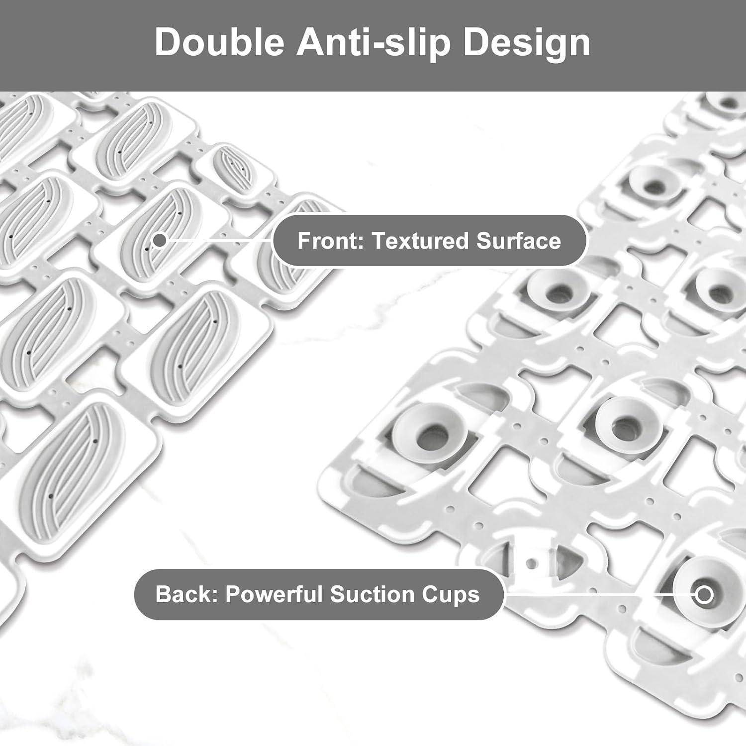 Illustration von Anti-Rutsch-Matten mit einer strukturierten Vorderseite und Saugnapf-Rückseite für Griffigkeit, beschriftet mit „Doppeltes Anti-Rutsch-Design