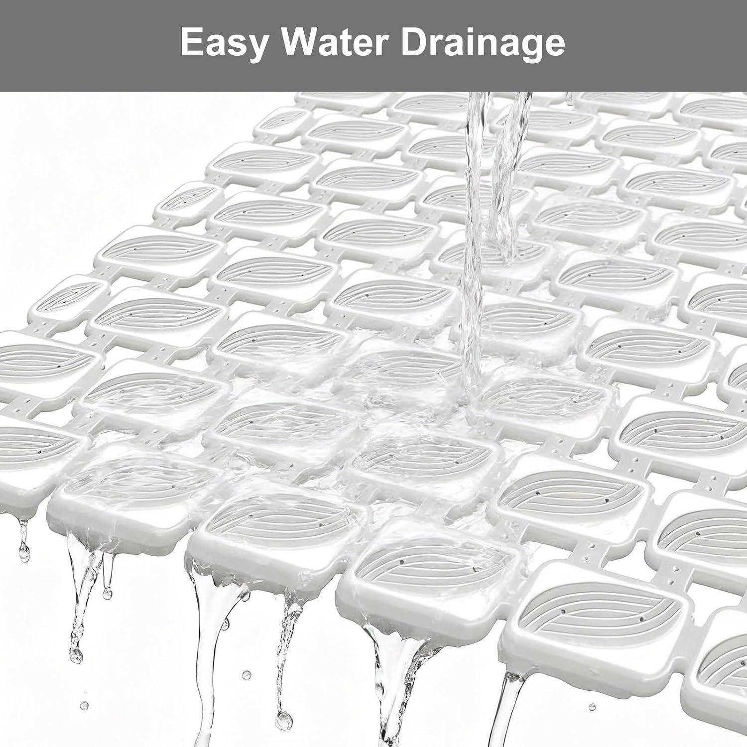 Weiße Kunststoff-Entwässerungsmatte mit Verschlussverriegelung und Wasser, das durch Spalten fließt, beschriftet mit „Einfache Wasserdrainage