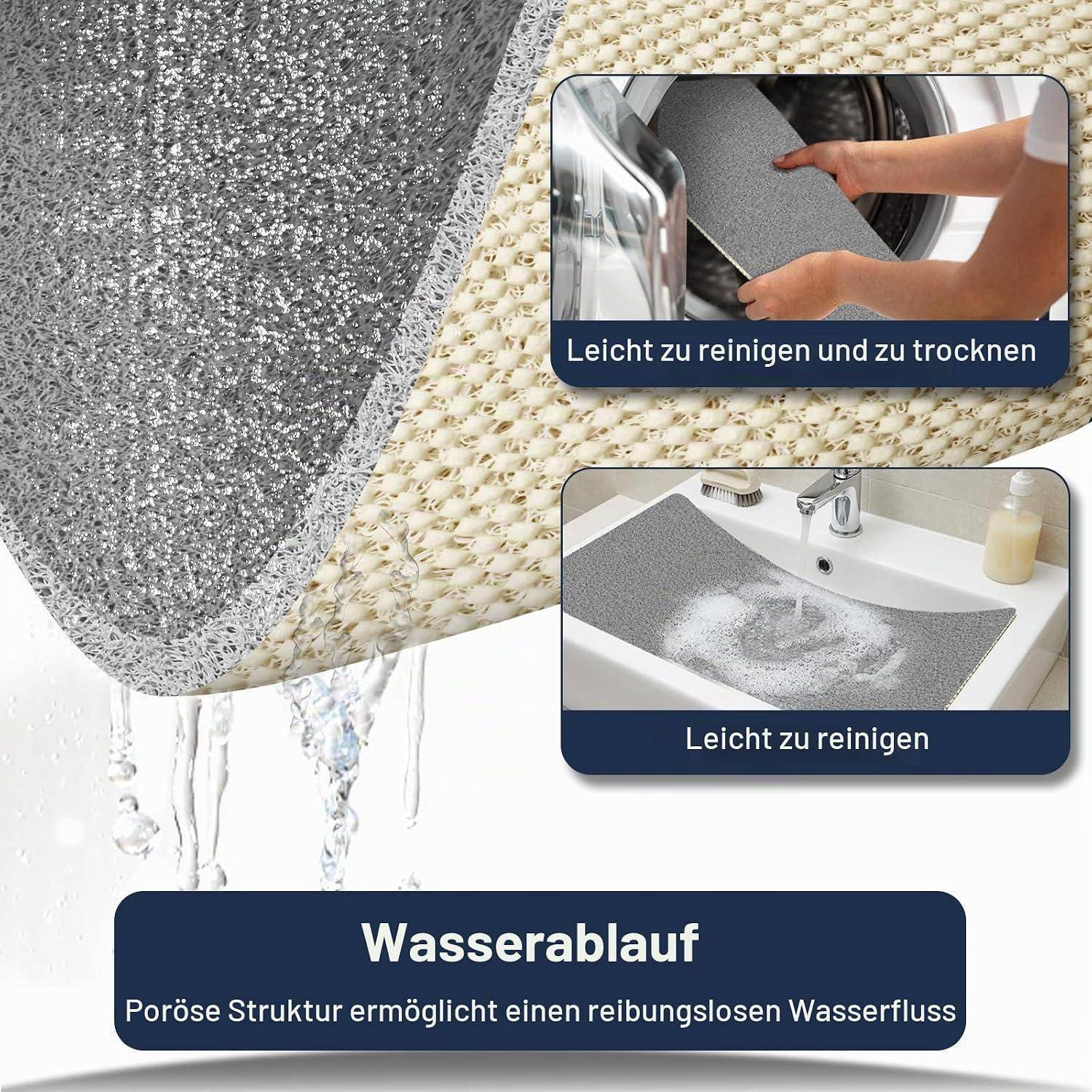 Promotionsgrafik einer porösen grauen Matte, durch die Wasser abfließt, mit eingefügten Fotos zum Waschen und Trocknen sowie deutschem Text „Wasserablauf