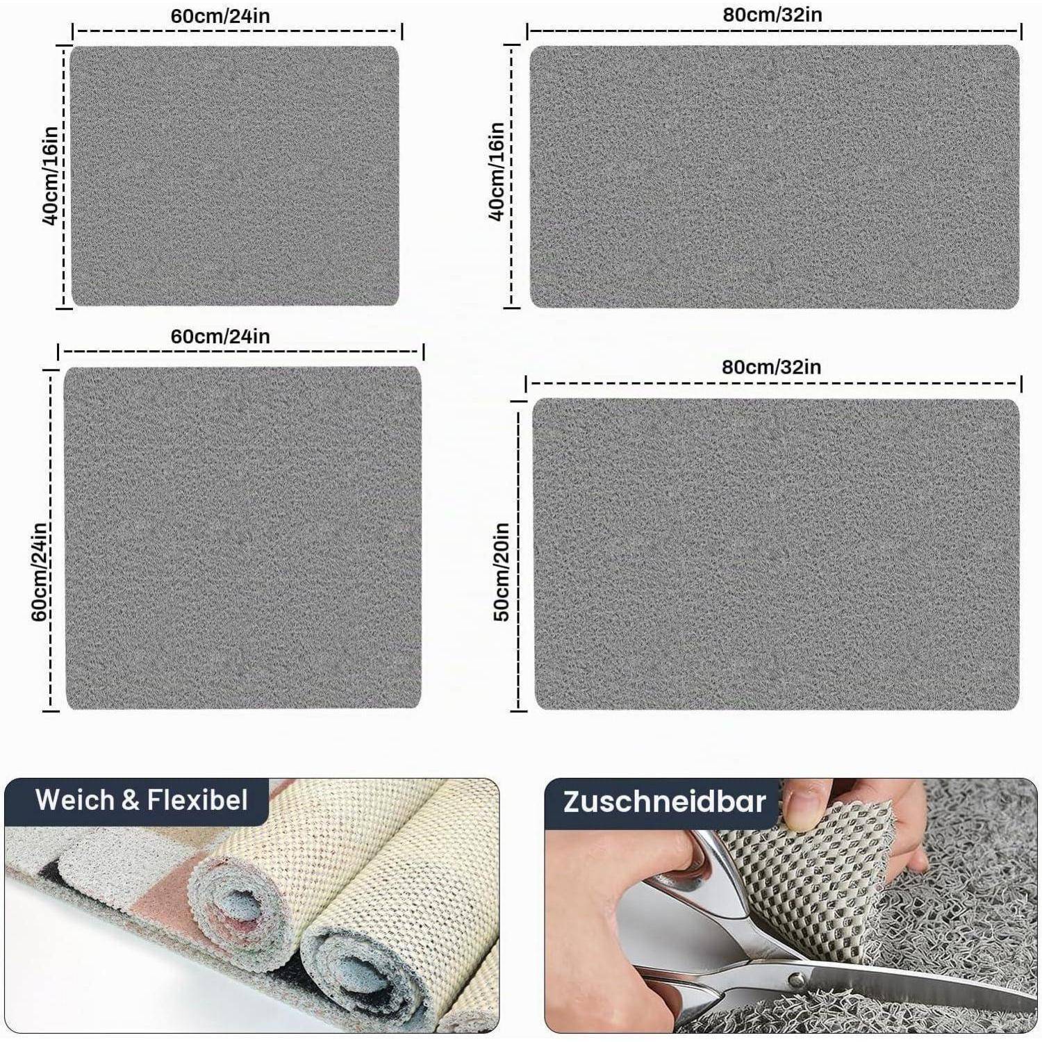 Größentabelle für graue Bodenmatte oder Teppich mit vier Abmessungen: 60x40 cm, 80x40 cm, 60x60 cm und 80x50 cm; auch gekennzeichnet mit „Weich & Flexibel
