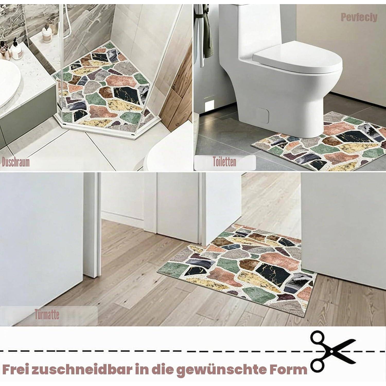 Collage zeigt eine farbenfrohe geometrische Mosaikmatte, zugeschnitten passend für Dusche, Toilette und Flurbodenformen, mit Schere und Text „Frei zuschneidbar in die gewünschte Form
