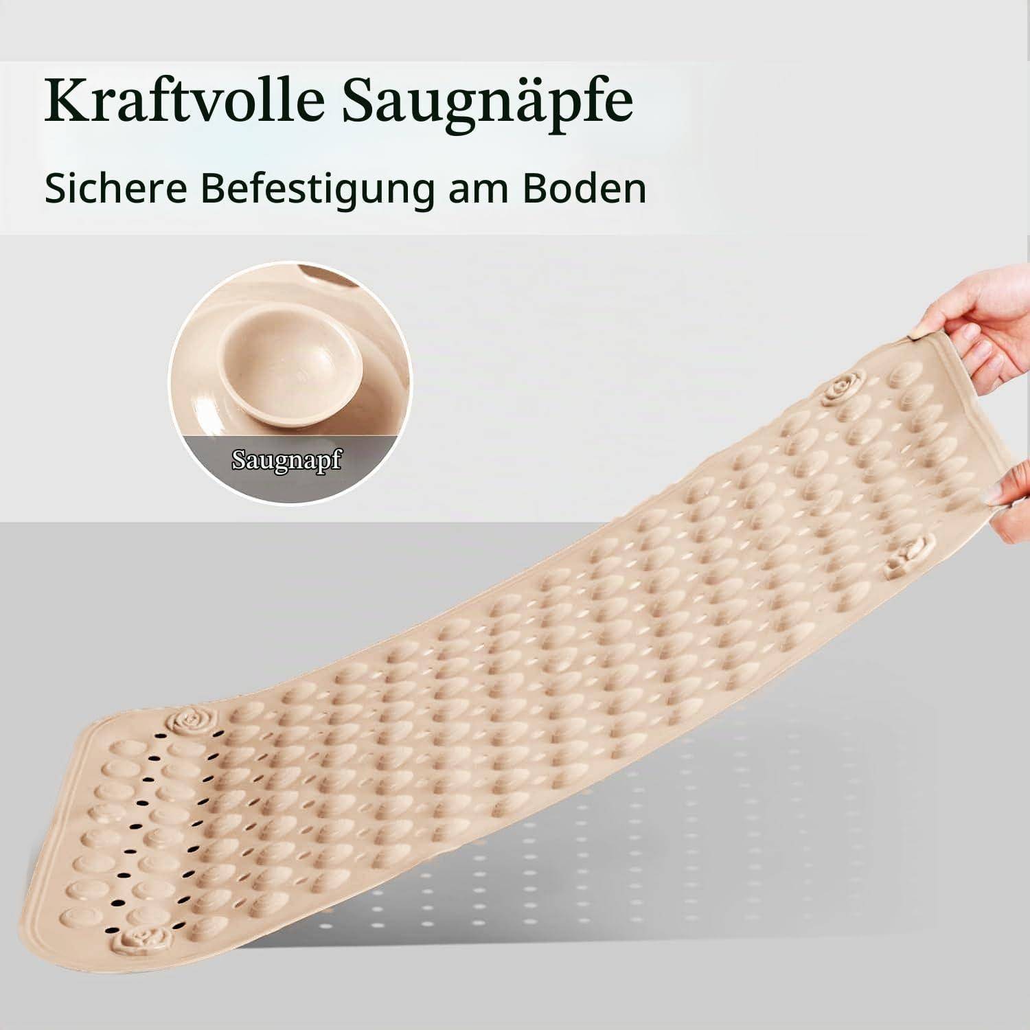 Anzeige für eine beige Badmatte mit starken Saugnäpfen, gekennzeichnet mit „Kraftvolle Saugnäpfe