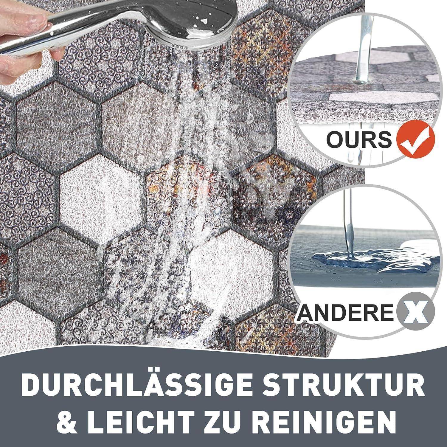 Wasser über eine sechseckige Kachelsoberfläche gegossen; Eingesägte Kreise vergleichen die „UNSERE" Wasseraufnahme und „ANDERE"" Wassertropfenbildung, mit deutschem Text „DURCHLÄSSIGE STRUKTUR & LEICHT ZU REINIGEN"".