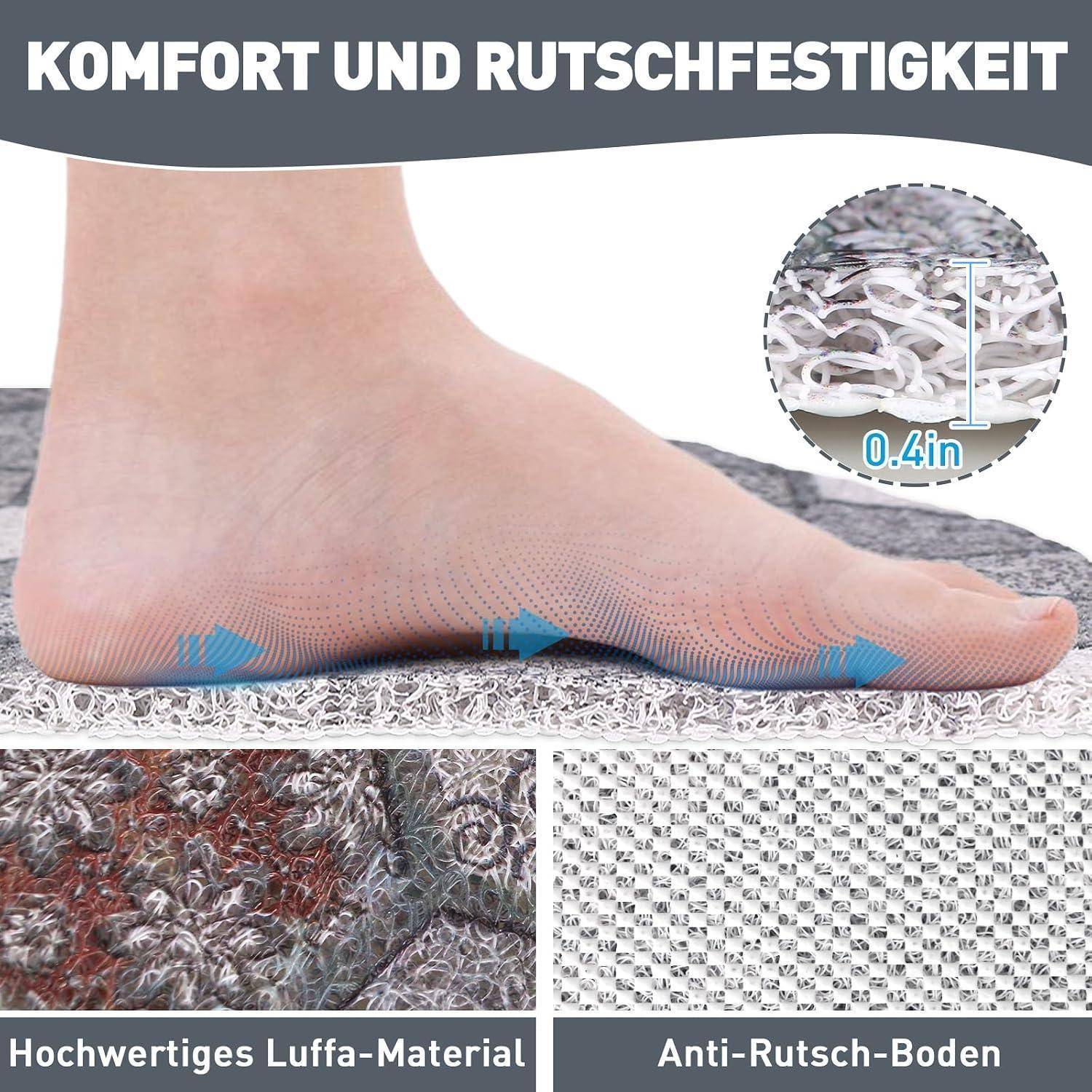 Infografik eines Fußes auf einer gepolsterten Luffamatte, die Komfort und Griffigkeit hervorhebt; Beschriftungen sagen „Hochwertiges Luffa-Material" und „Anti-Rutsch-Boden"", mit 0,4 Zoll Dicke.