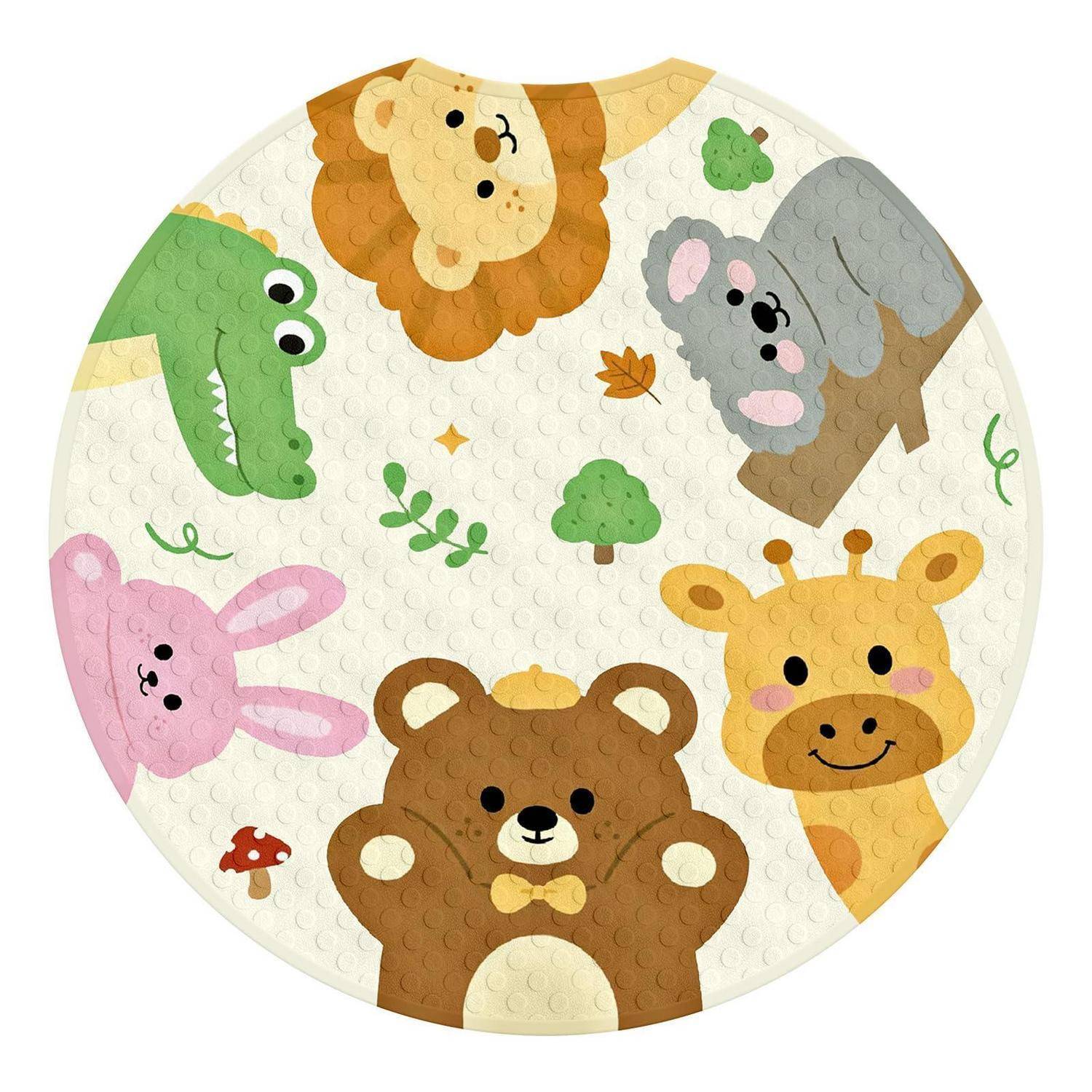 Zirkelförmiges Kindertier-Puzzle mit sechs Cartoon-Tieren: Löwe, Krokodil, Koala, Giraffe, Bär und Hase auf hellem Hintergrund mit kleinen Bäumen und Blättern.