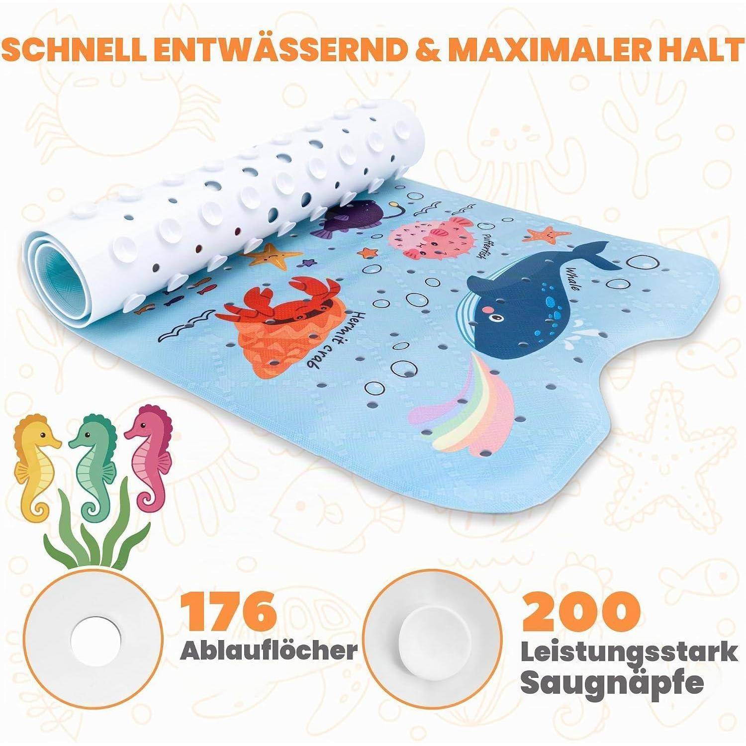 Blauefarbige Kinder-Badematte mit Meerestieren und aufgerollte weiße Gittermatte, beschriftet mit „Schnell entwässernd & maximaler Halt