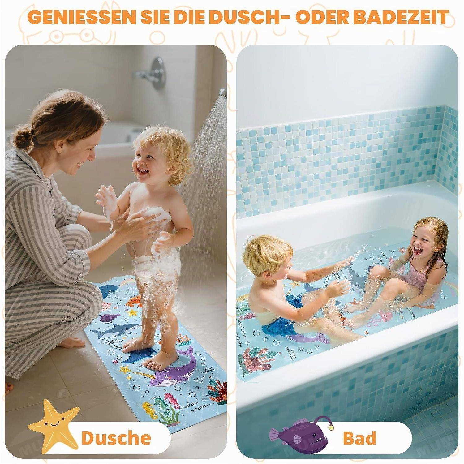 Gespaltenes Anzeigenbild zeigt ein Kind, das eine Badematte unter der Dusche benutzt, und zwei Kinder, die in einer Badewanne spielen, mit den Bezeichnungen 