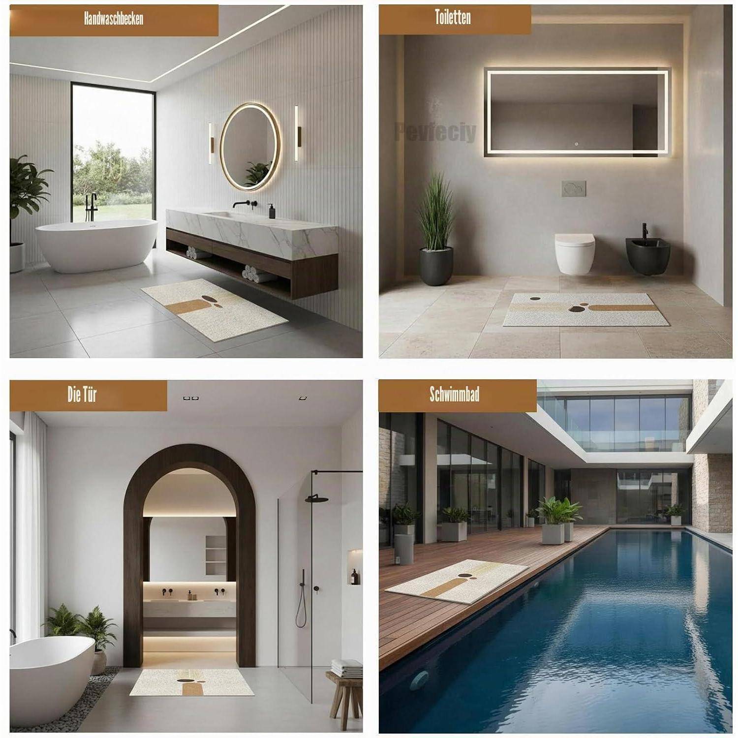 Collage aus vier modernen Badezimmer- und Pooldesign-Renderings: Badewannen-Waschtisch, Toiletten-Nische, Badezimmer mit gewölbter Tür und ein Innen-Außen-Schwimmbad.