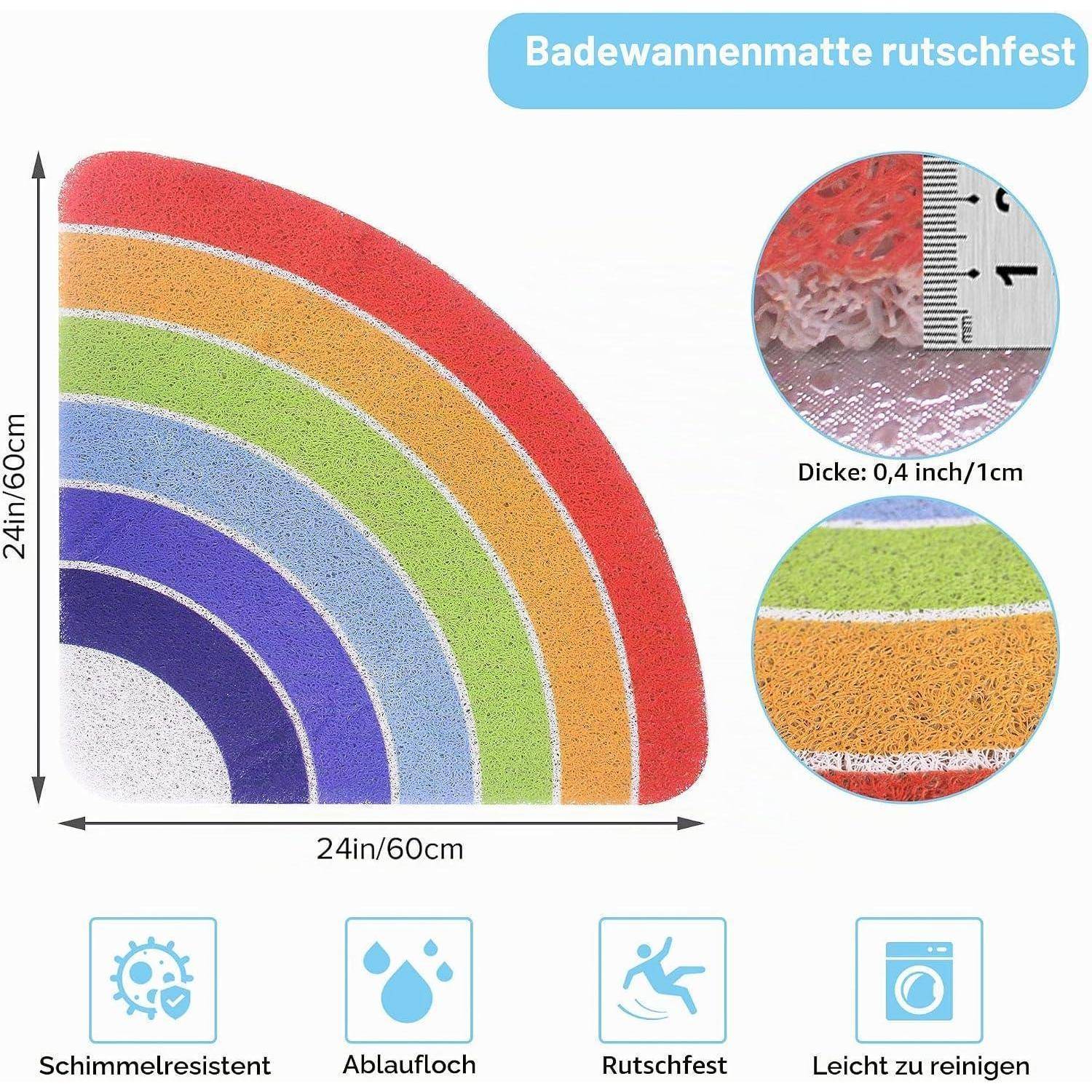 Farbenfrohe halbkreisförmige rutschfeste Badmatte, 24 x 24 Zoll, 0,4 Zoll dick, gezeigt mit Texturnahaufnahmen und Symbolen für Schimmelresistenz, Drainage, Rutschfestigkeit und einfache Reinigung.