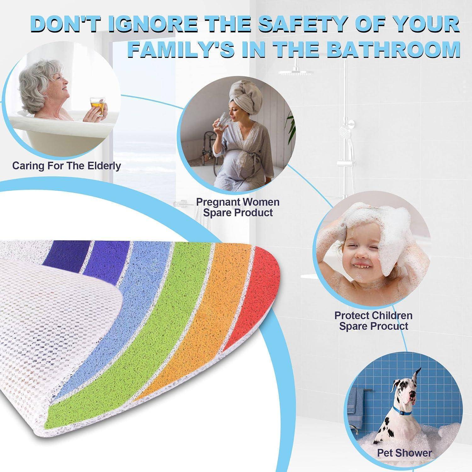 Werbeplakat für Badezimmer-Sicherheitsmatten mit einer mehrfarbigen rutschfesten Matte und Bildern von älteren Menschen, schwangeren Frauen, Kindern und einem Hund mit dem Slogan „IGNORIEREN SIE NICHT DIE SICHERHEIT IHRER FAMILIE IM BADEZIMMER".
