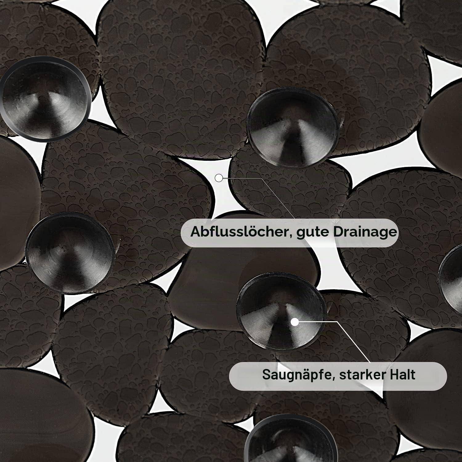 Nahaufnahme von schwarzen Saugnapfmatten mit Textbeschriftungen „Abflusslöcher, gute Drainage" und „Saugnäpfe, starker Halt"".