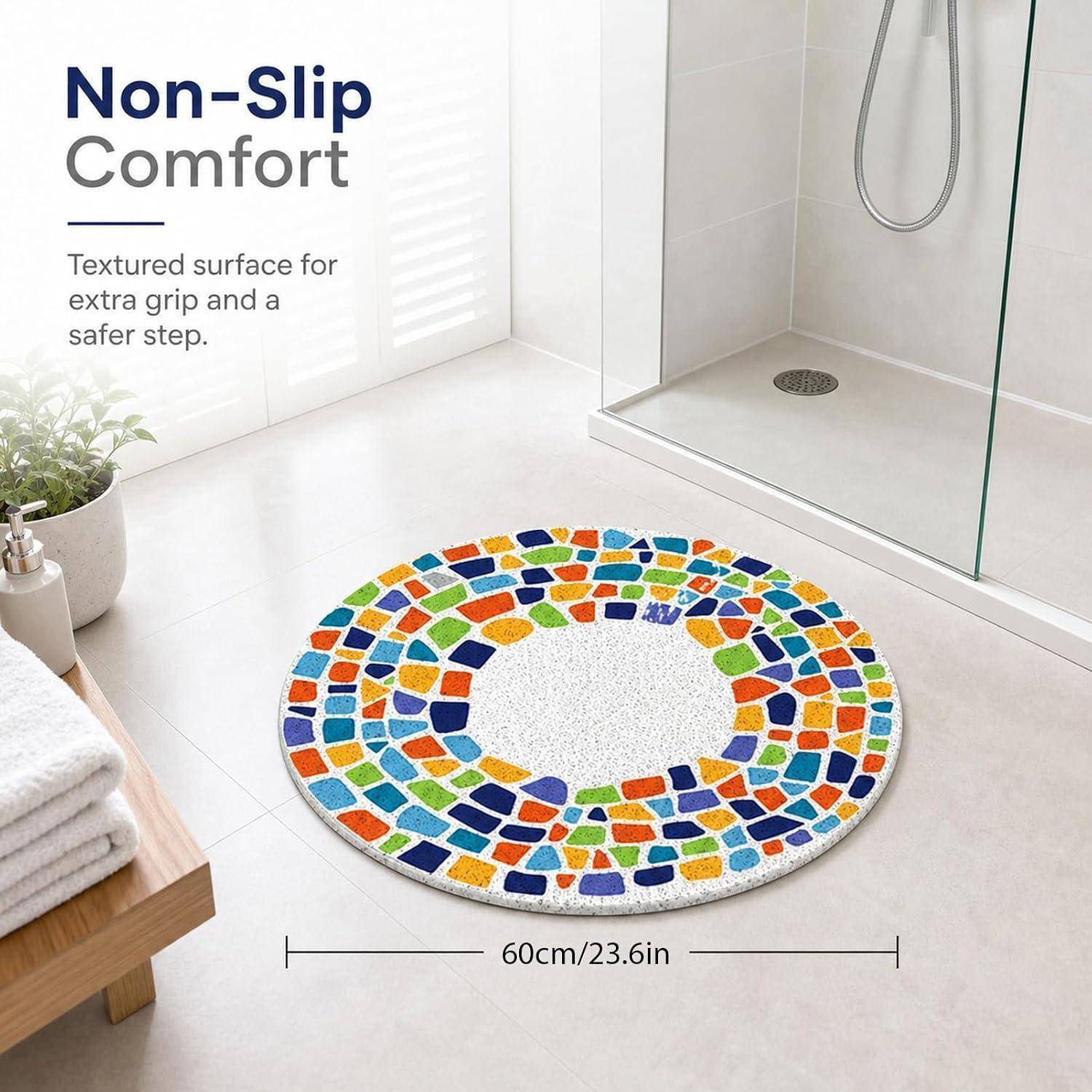 Runder, mehrfarbiger Mosaic-Badevorleger für das Badezimmer, mit der Bezeichnung „Non-Slip Comfort