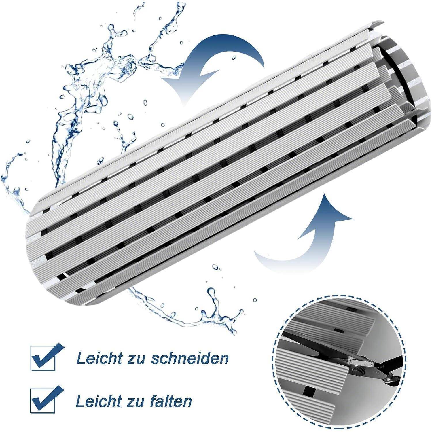 Zusammenklappbare silberfarbene Lamellenmatte mit Wasserspritzzern und gekrümmten Pfeilen, die zeigen, dass sie leicht geschnitten und gefaltet werden kann; deutscher Text sagt „Leicht zu schneiden