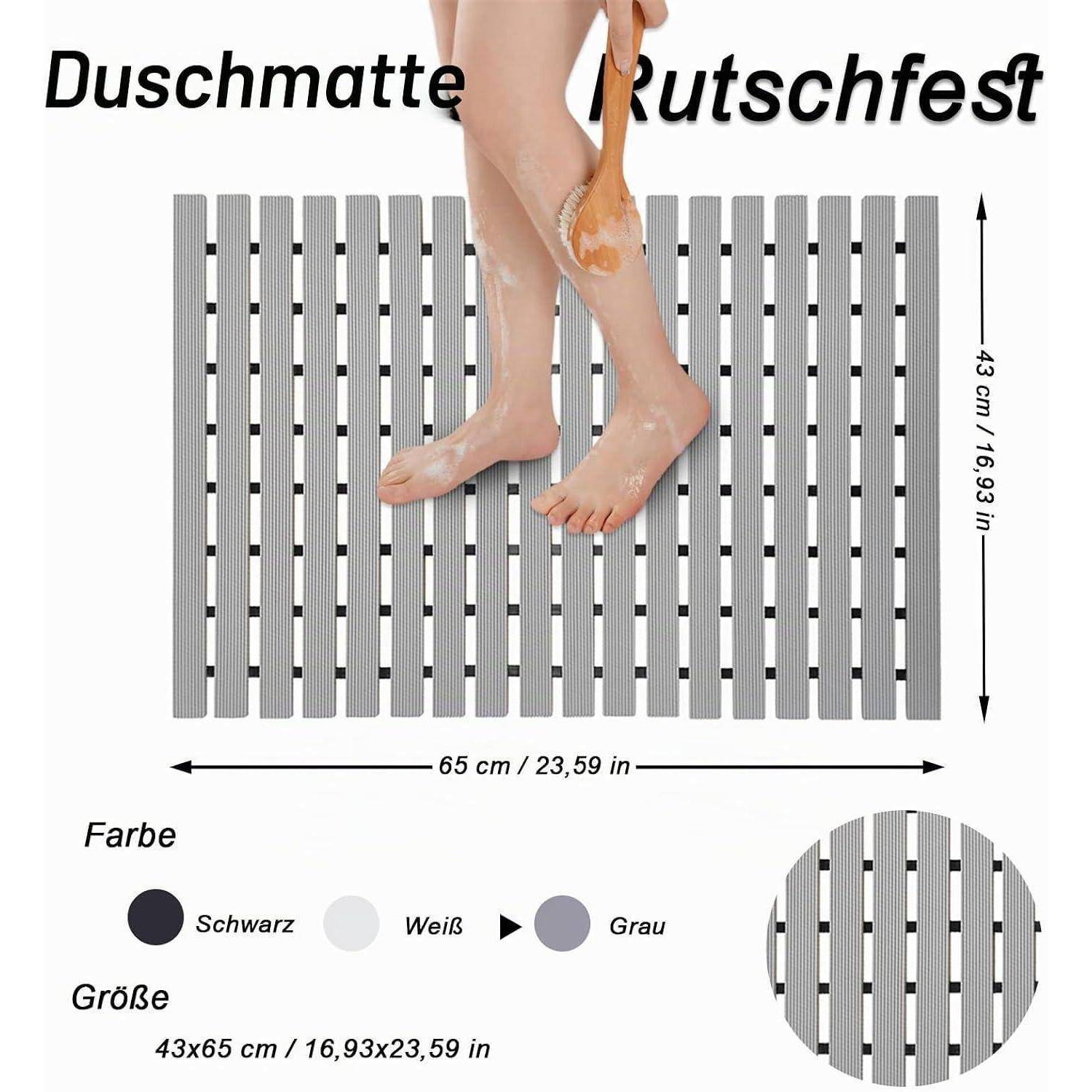 Graue rutschfeste Duschmatte mit Noppen; beschriftet mit „Duschmatte