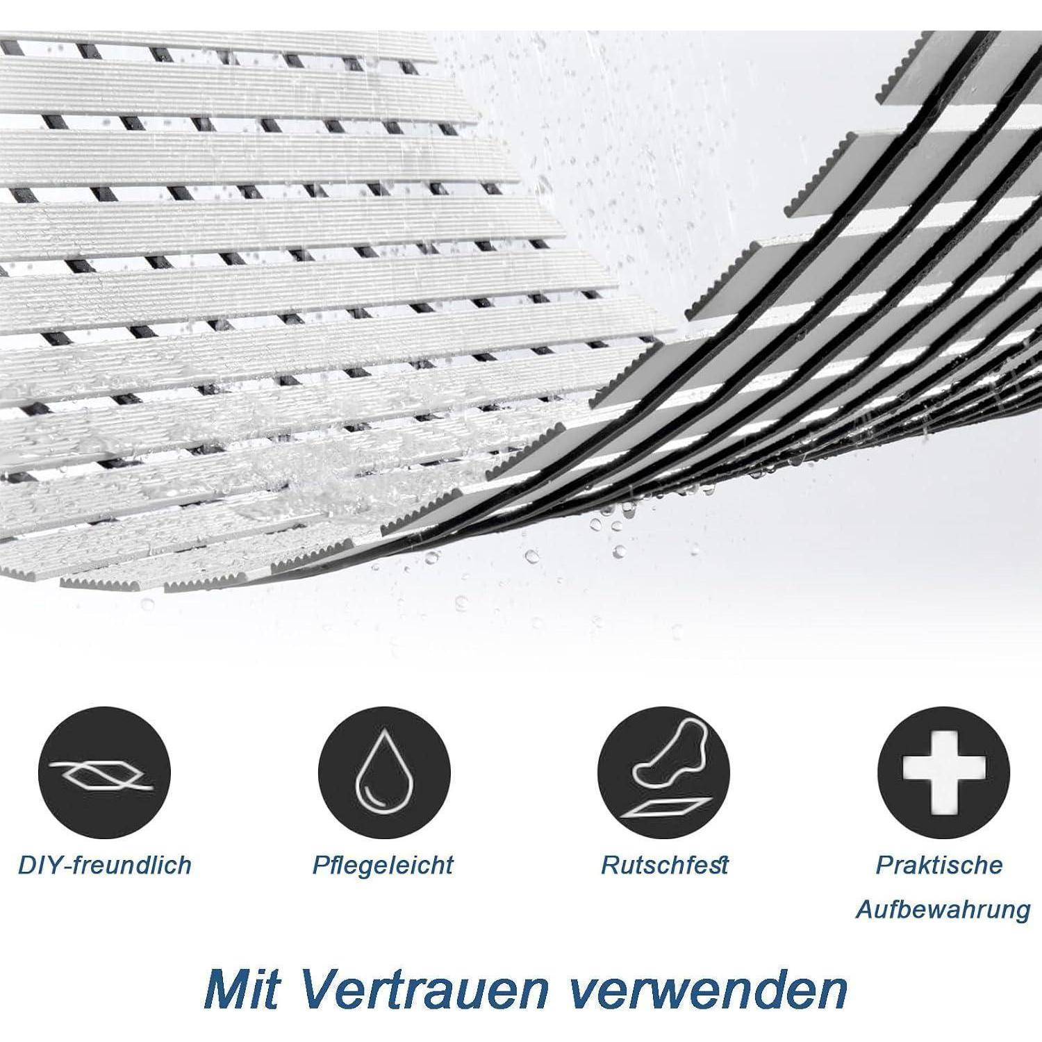 Regenbrusenkopf in Nahaufnahme mit Symbolen für DIY-freundlich, pflegeleicht, rutschfest und praktische Lagerung; Text besagt „Mit Vertrauen verwenden