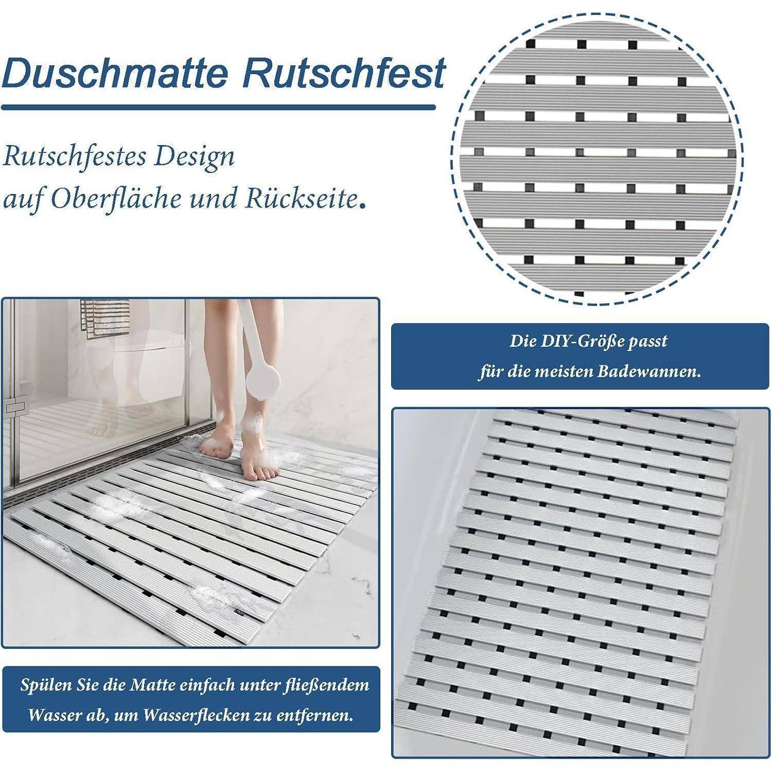 Rutschfeste Badewannenmatte mit Lamellenbauweise auf Vorder- und Rückseite, dargestellt bei der Verwendung in einer Dusche und mit dem Hinweis, dass sie in die meisten Badewannen passt und sich leicht ausspülen lässt.