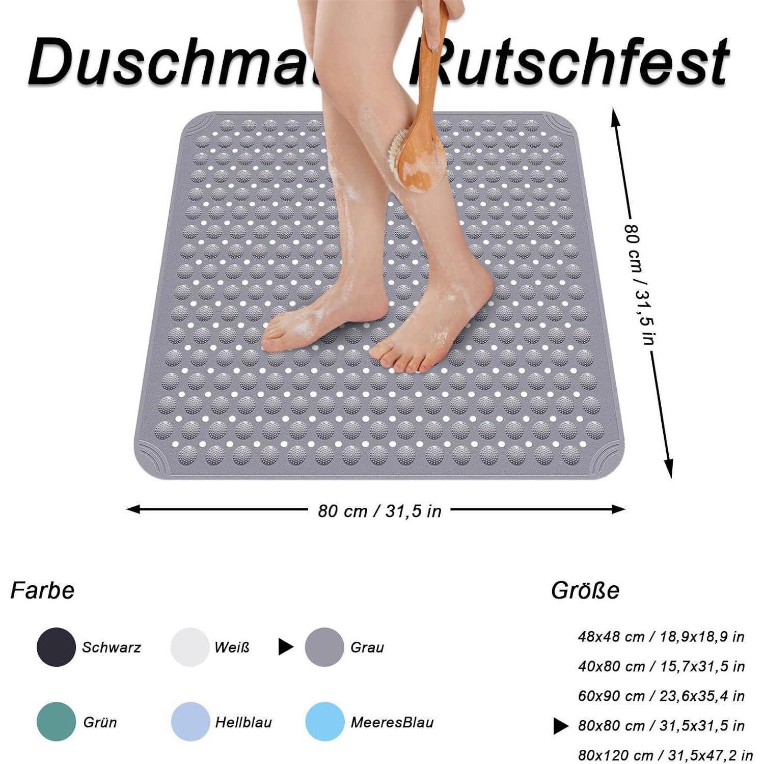 Grau 80 x 80 cm rutschfeste Duschmatte mit Saugnapfnoppen; Deutsche Etiketten zeigen Farboptionen und Größen.