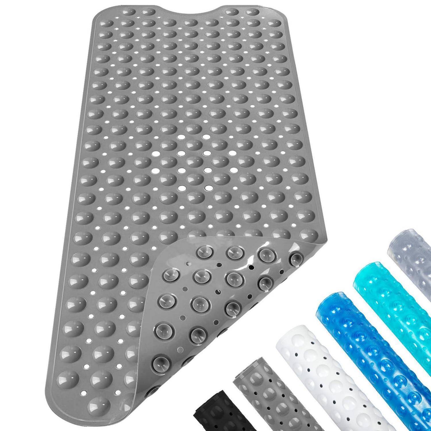Graue perforierte rutschfeste Badmatte mit Saugnäpfen, gefaltet dargestellt, um die Unterseite zu zeigen, zusammen mit Farboptionen in Blau, Weiß, Schwarz und Grau.