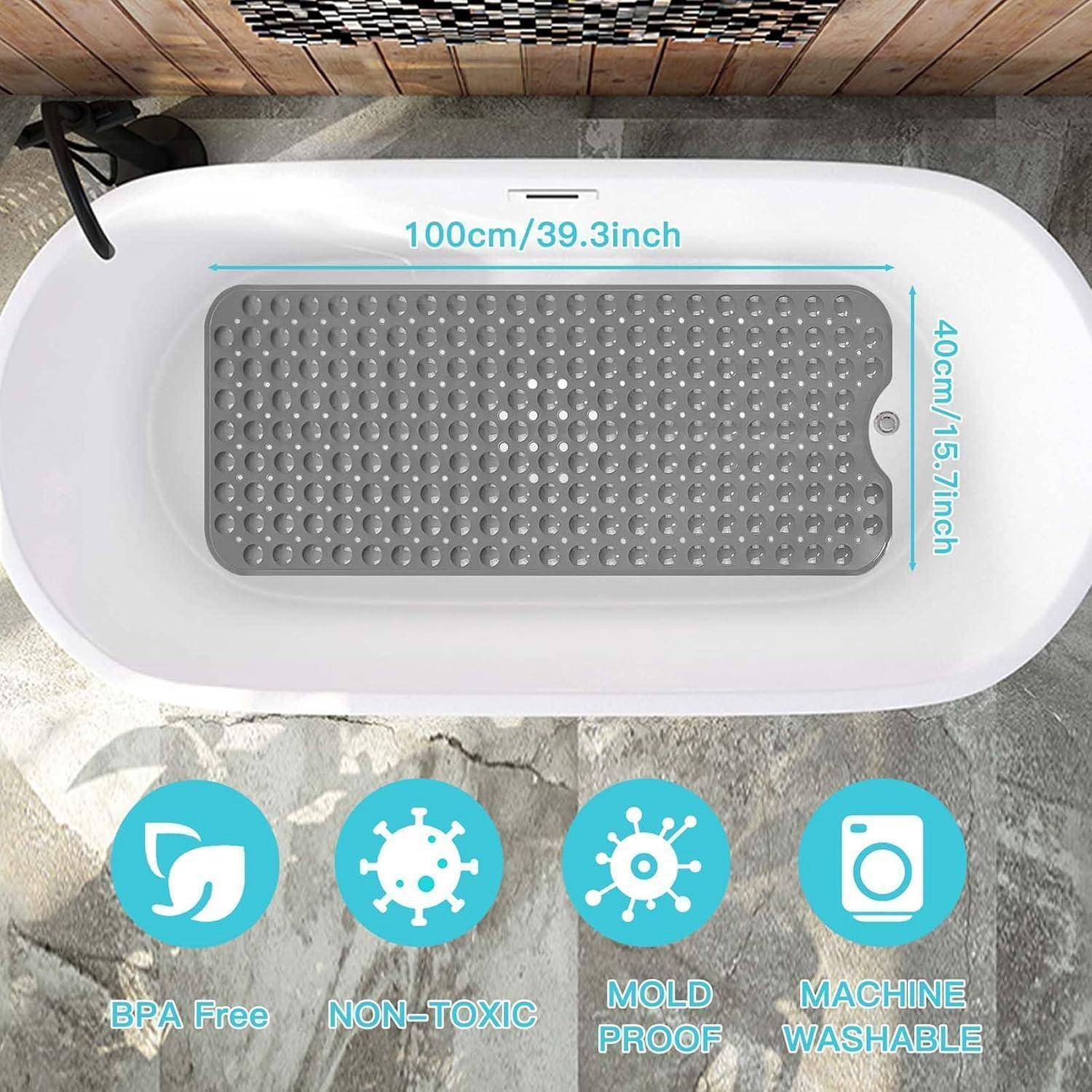 Badewanne mit grauer Antirutschmatte, beschriftet 100 cm x 40 cm, und Symbolen mit der Aufschrift BPA-frei, ungiftig, schimmelresistent und maschinenwaschbar.