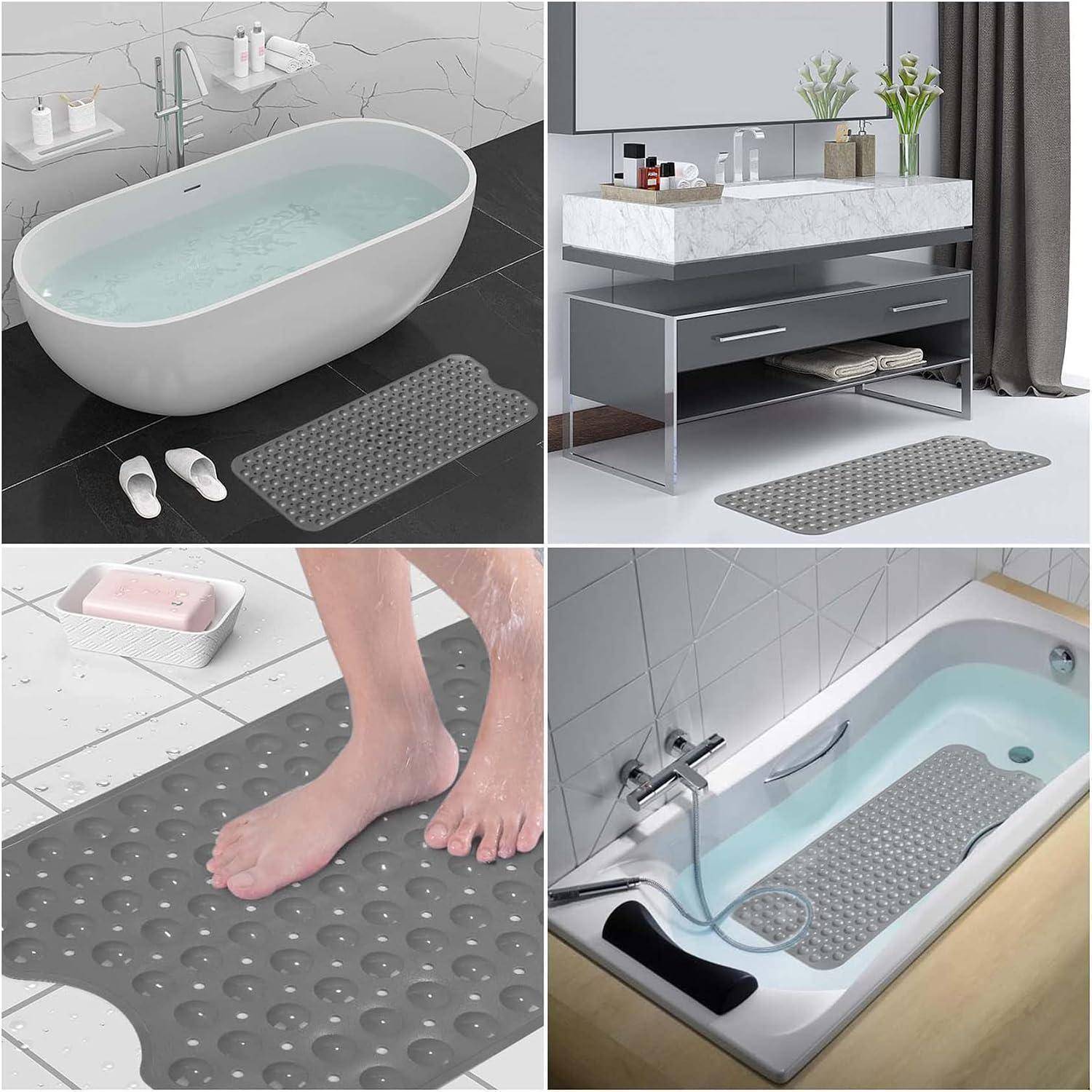 Collage aus grauen rutschfesten Badematten neben einer Badewanne, einem Waschbecken und einer Dusche, die strukturierte Matten für Bodensicherheit und Wasserablauf zeigt.