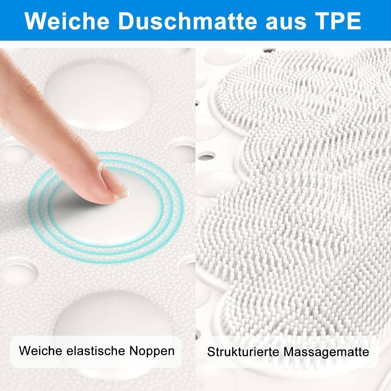 Nahaufnahme eines Fingers, der auf eine weiche TPE-Massagematte mit abgerundeten Noppen drückt, mit Vergleich zwischen "Weiche elastische Noppen"" und ""Strukturierte Massagematte"".