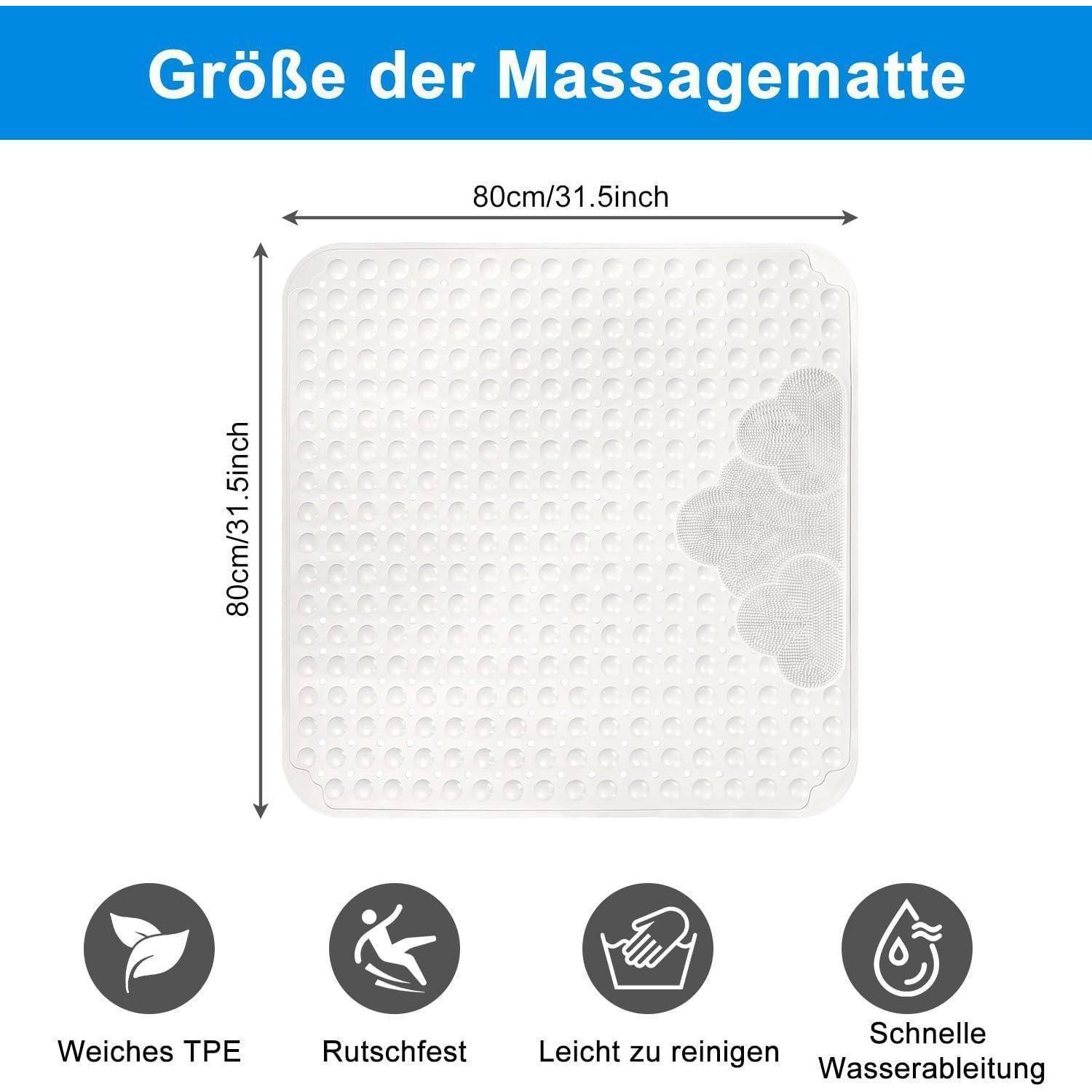 Quadratische Massagematte mit den Maßen 80 cm x 80 cm (31,5 Zoll), mit TPE, rutschfest, leicht zu reinigen und schnell wärmend – gekennzeichnet durch entsprechende Symbole.