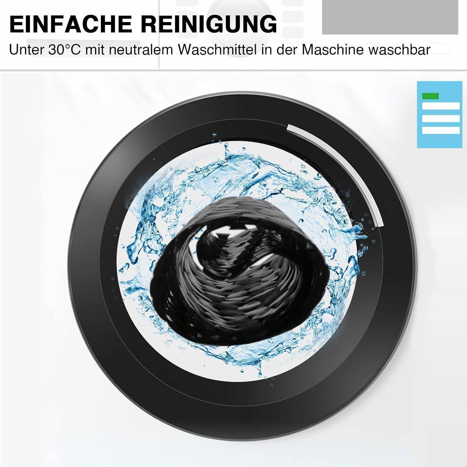 Waschtrommel mit wirbelnd bewegtem Wasser und einem schwarzen Kleidungsstück, das „EINFACHE REINIGUNG