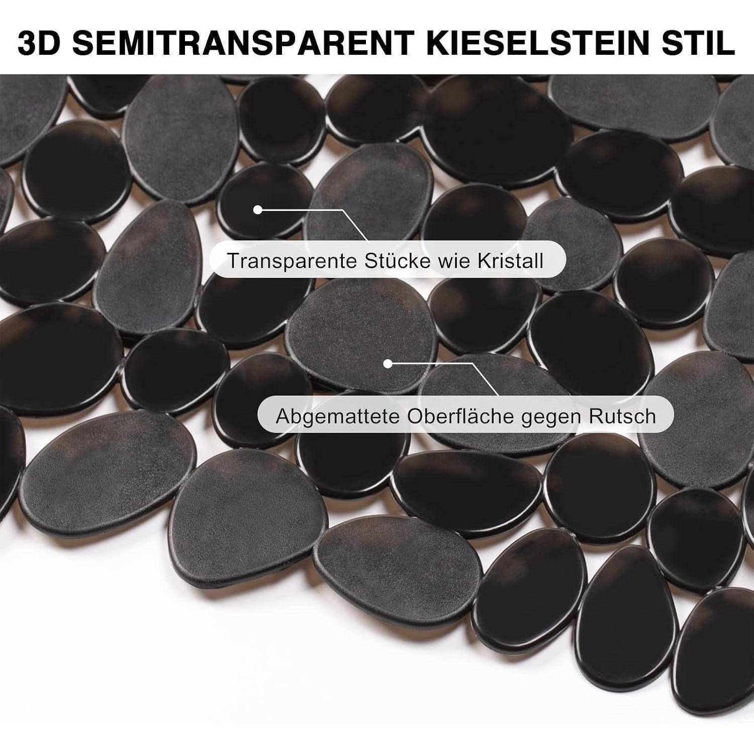 Nahaufnahme von schwarzen und durchscheinenden kieselsteinähnlichen Fliesen; Deutsche Beschriftungen besagen „Transparente Stücke wie Kristall