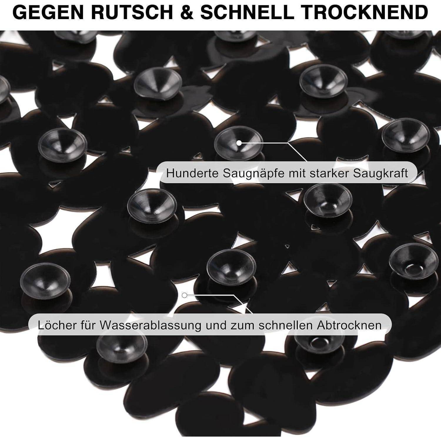 Schwarze rutschfeste Matte mit vielen Saugnäpfen; deutscher Text besagt „rutschfest und schnelltrocknend