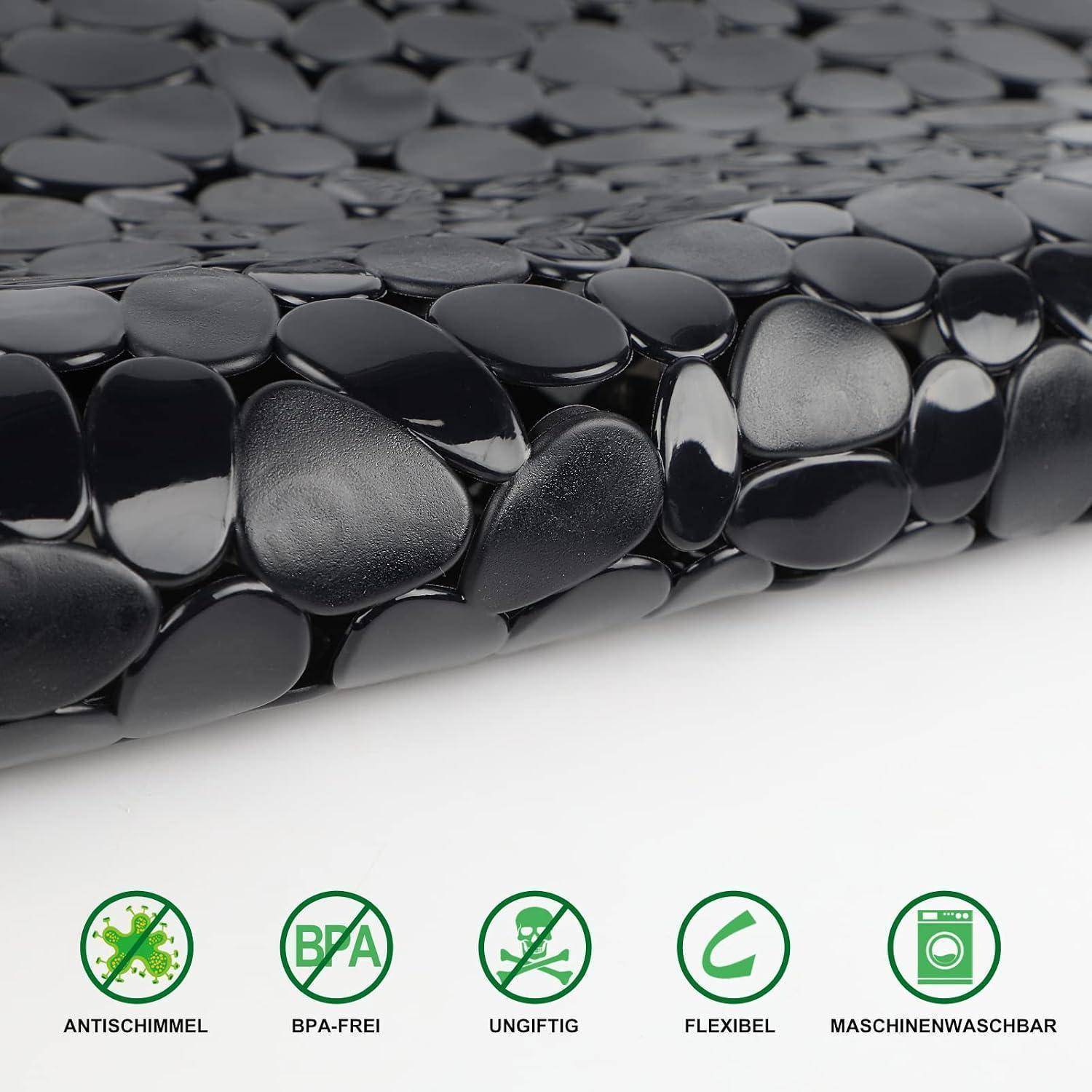 Nahaufnahme eines schwarzen, körnigen gummiähnlichen Materials, gekennzeichnet als schimmelhemmend, BPA-frei, ungiftig, flexibel und maschinenwaschbar.