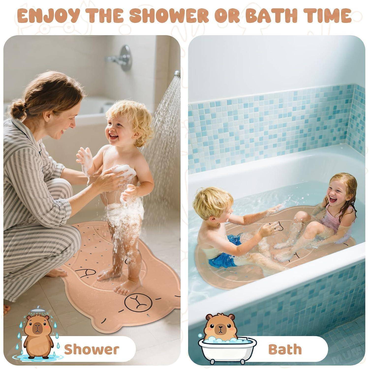 Geteiltes Bild mit einer Kinderbadematte und einer Badewannenspielszene; der Text lautet „GENIESST DIE DUSCH- ODER BADEZEIT