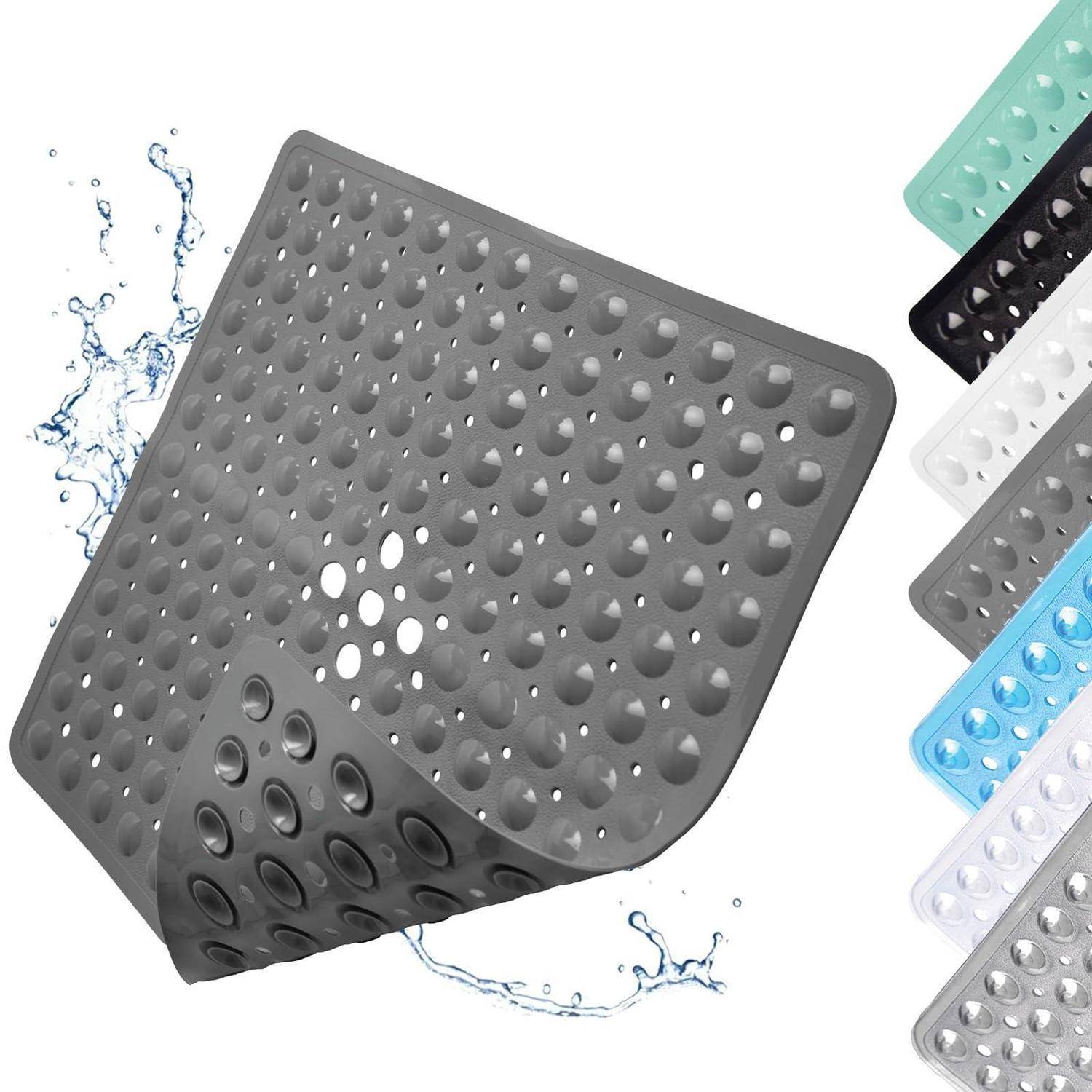 Graue perforierte Badematte, gebogen, um die Saugnäpfe darunter zu zeigen, mit Wasserspritzern und rechts dargestellten Farboptionen.