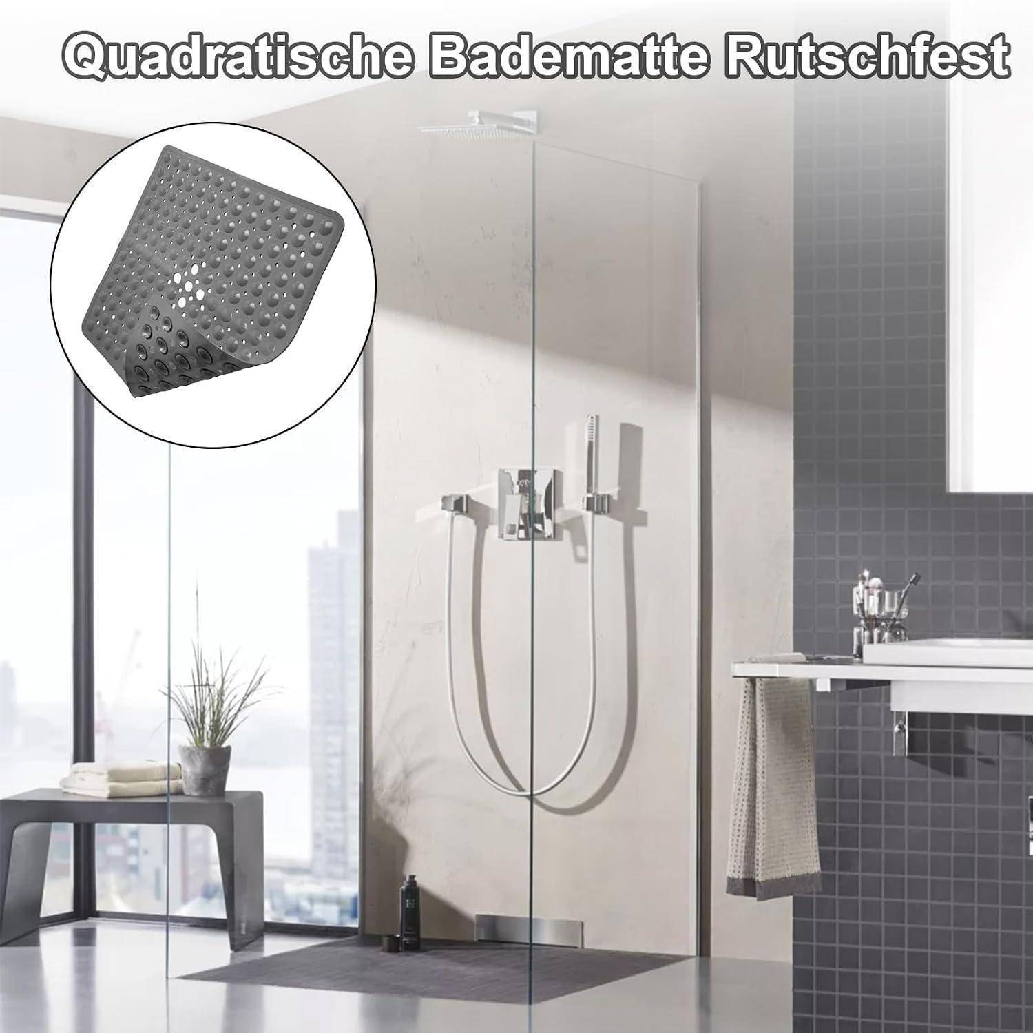 Modernes Badezimmer mit quadratischer rutschfester Badematte und eingefügter Produktnahaufnahme; deutscher Text lautet „Quadratische Badematte Rutschfest".