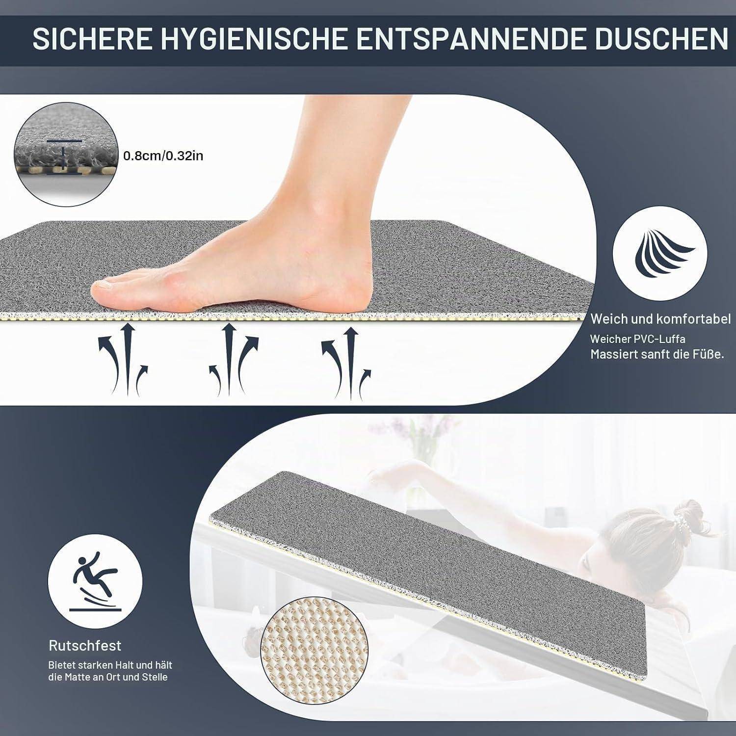 Werbebild einer rutschfesten Badewannenmatte, auf dem ein Fuß auf einer gepolsterten grauen Matte zu sehen ist, mit Symbolen/Text, die weiches Komfortgefühl, 0,8 cm Dicke und Rutschfestigkeit hervorheben.