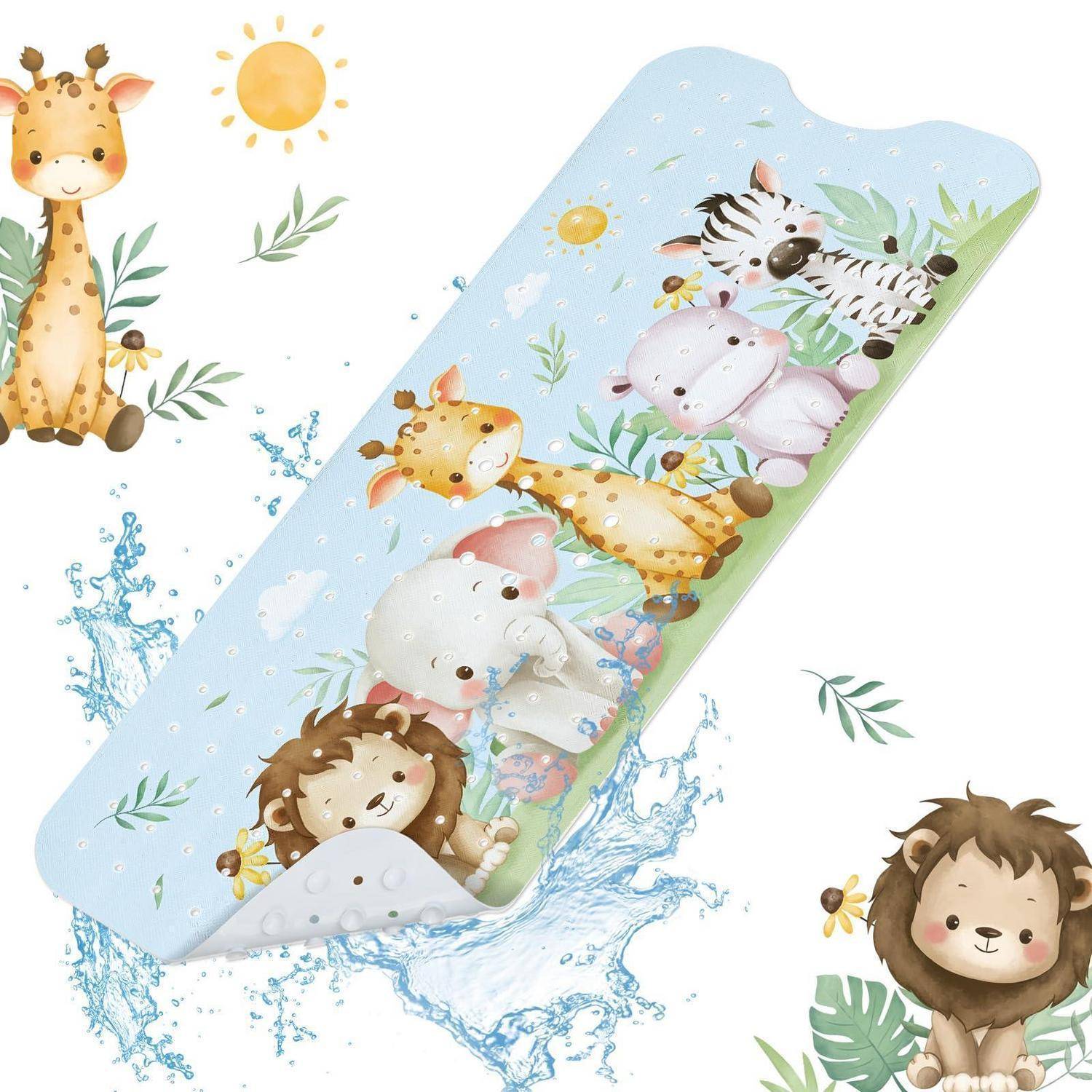 Süße Illustration von Safari-Tieren auf einer Kinder-Sprithmatte, mit Giraffe, Zebra, Nilpferd, Löwe, Bär und Fuchs auf blauem und grünem Hintergrund mit Wasserspritzern und Blättern.