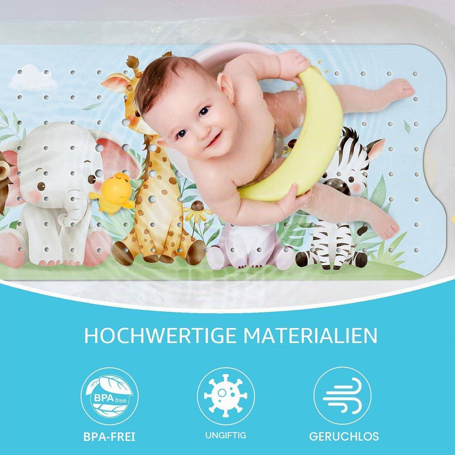 Baby liegt auf einer bunten tiermotivierten Matte mit einem bananenförmigen Spielzeug; darunter steht der Text „HOCHWERTIGE MATERIALIEN", „BPA-FREI"", „UNGIFTIG"", „GERUCHLOS"".