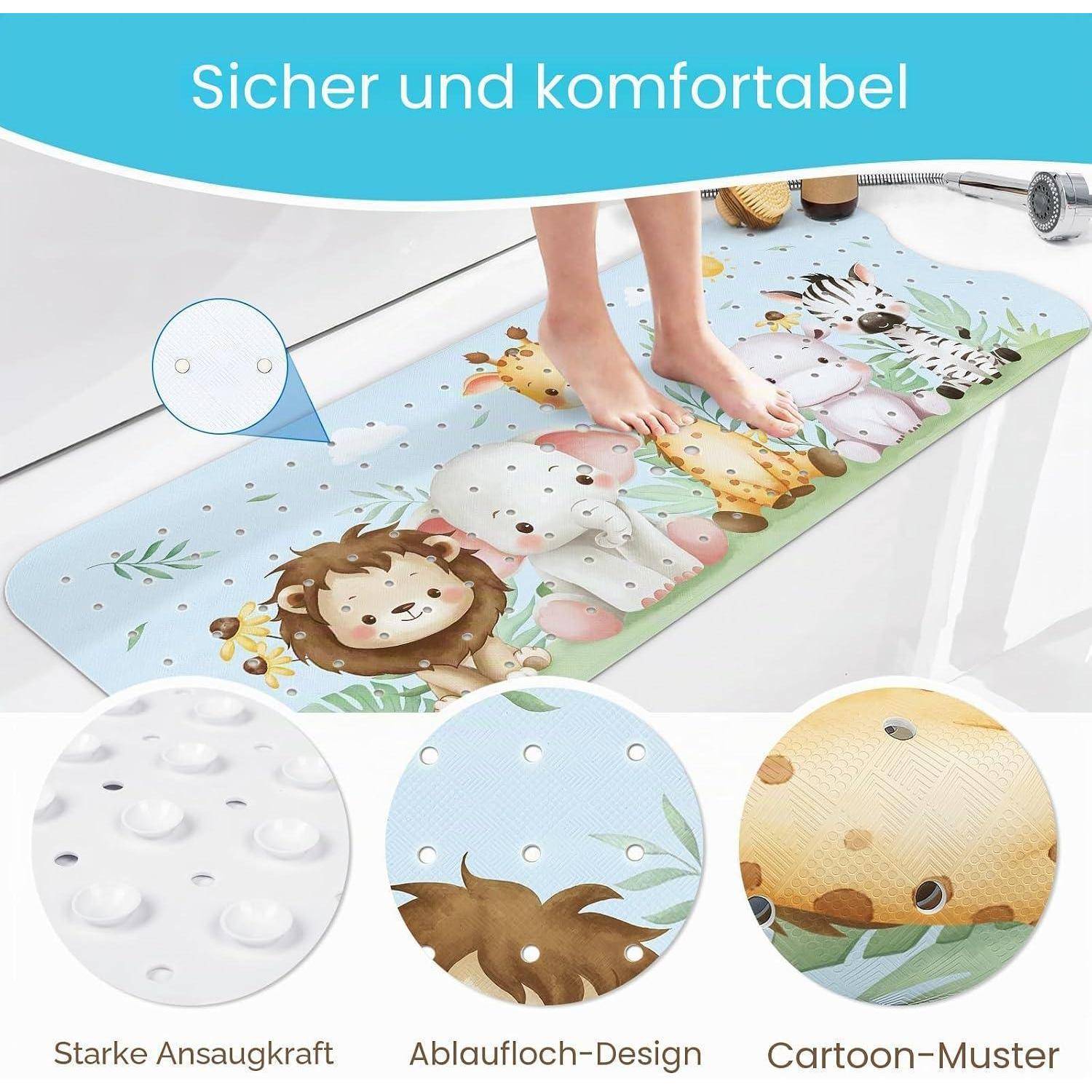 Rutschfeste Badewannenmatte mit Cartoon-Tiermotiv, gezeigt mit nackten Füßen in einer Wanne und Nahaufnahmen von Saugnapfbechern, Abflusslöchern und strukturierter Oberfläche.