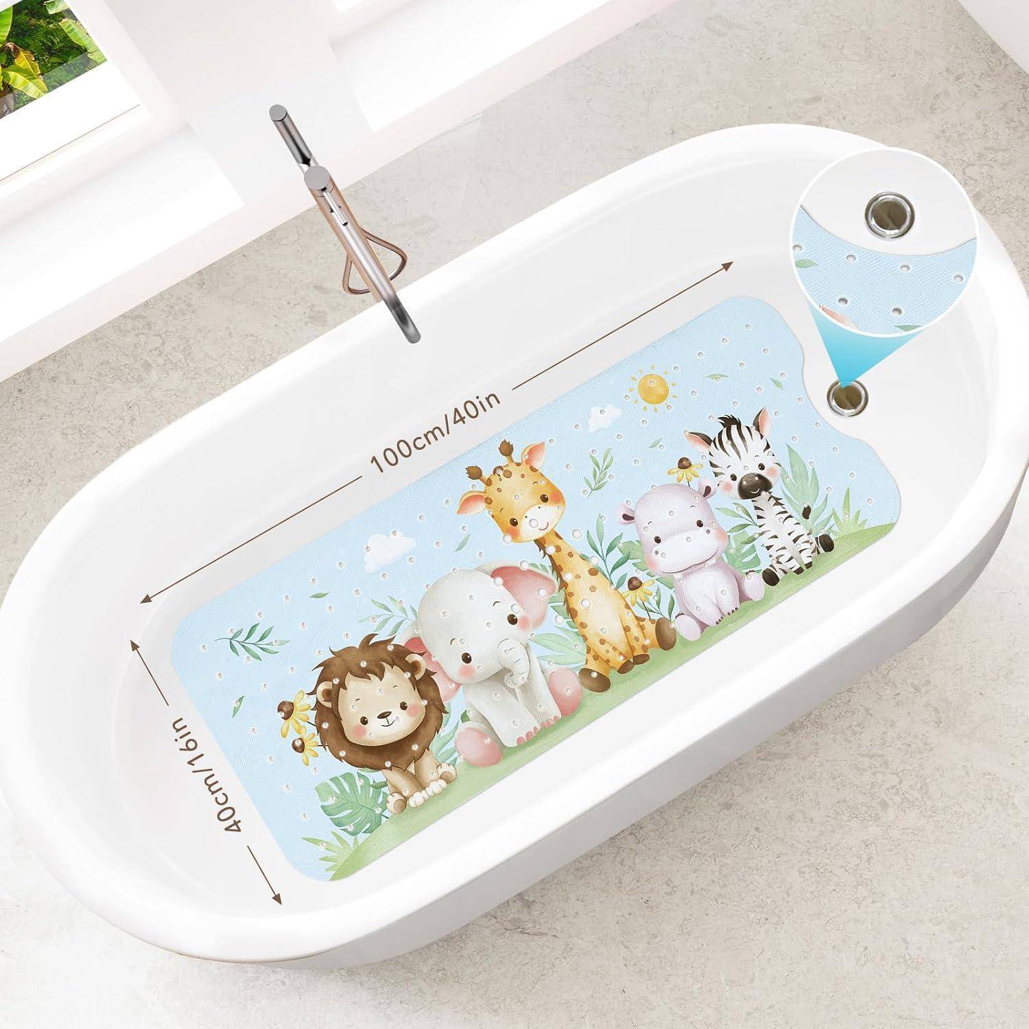 Weiße rechteckige Babybadewanne mit tierischem Themenmuster auf der Innenmatte, beschriftet mit 100 cm/40 Zoll mal 40 cm/16 Zoll, dargestellt mit Ablochvergößerung.
