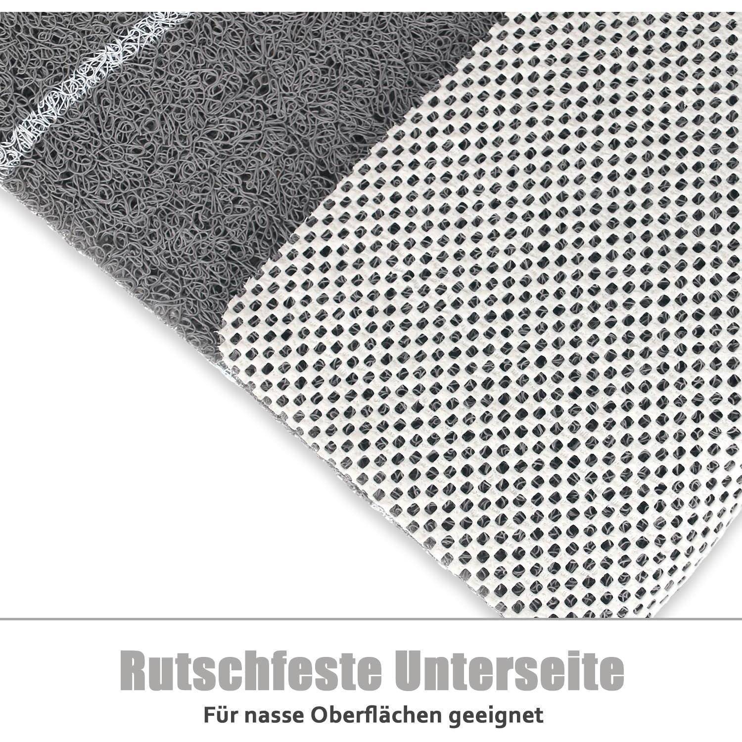 Nahaufnahme einer Matte mit strukturierter Unterseite und punktierter Oberfläche; deutscher Text sagt „Rutschfeste Unterseite" und „Für nasse Oberflächen geeignet"" und zeigt damit eine rutschfeste Unterseite für nasse Oberflächen.