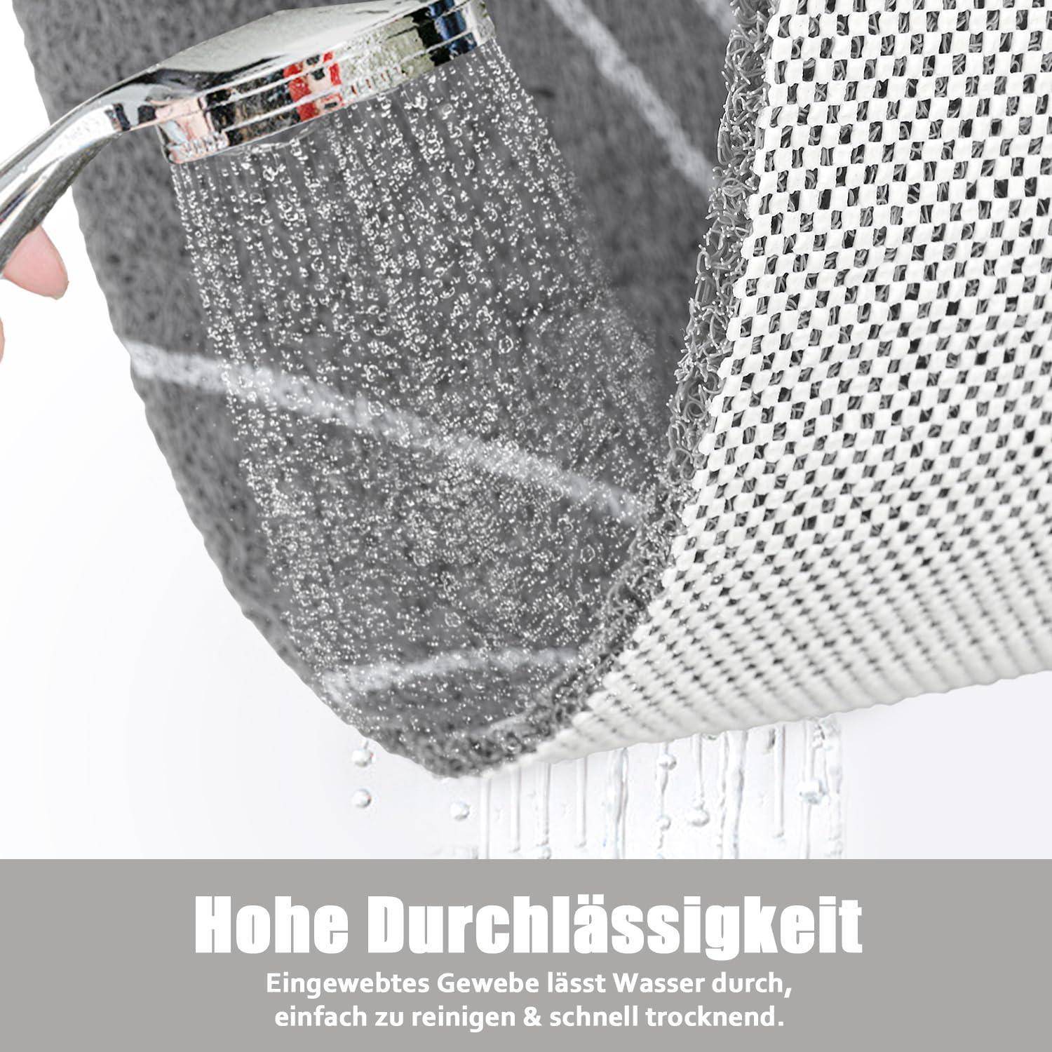 Nahaufnahme von gewebtem Stoff, der mit Wasser gespült wird, zeigt hohe Durchlässigkeit; deutscher Text liest „Hohe Durchlässigkeit" und vermerkt, dass der Stoff Wasser durchlässt, leicht zu reinigen ist und schnell trocknet.