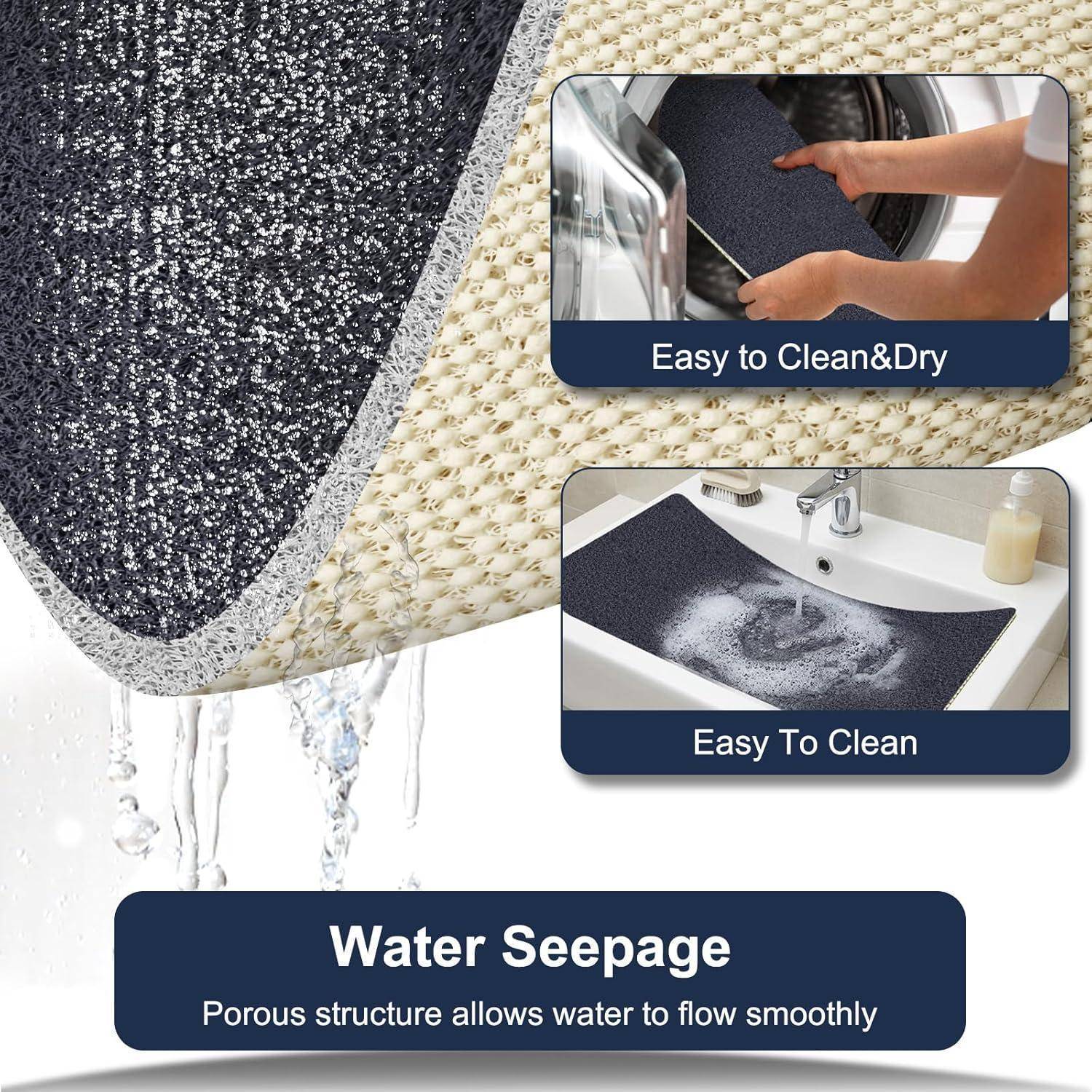 Nahaufnahme einer porösen Matte, durch die Wasser abfließt, mit eingefügten Fotos mit der Bezeichnung „Leicht zu reinigen und zu trocknen" und „Leicht zu reinigen"" sowie Text „Wasserdurchsickerung"" und „Die poröse Struktur ermöglicht einen reibungslosen Wasserdurchfluss"".