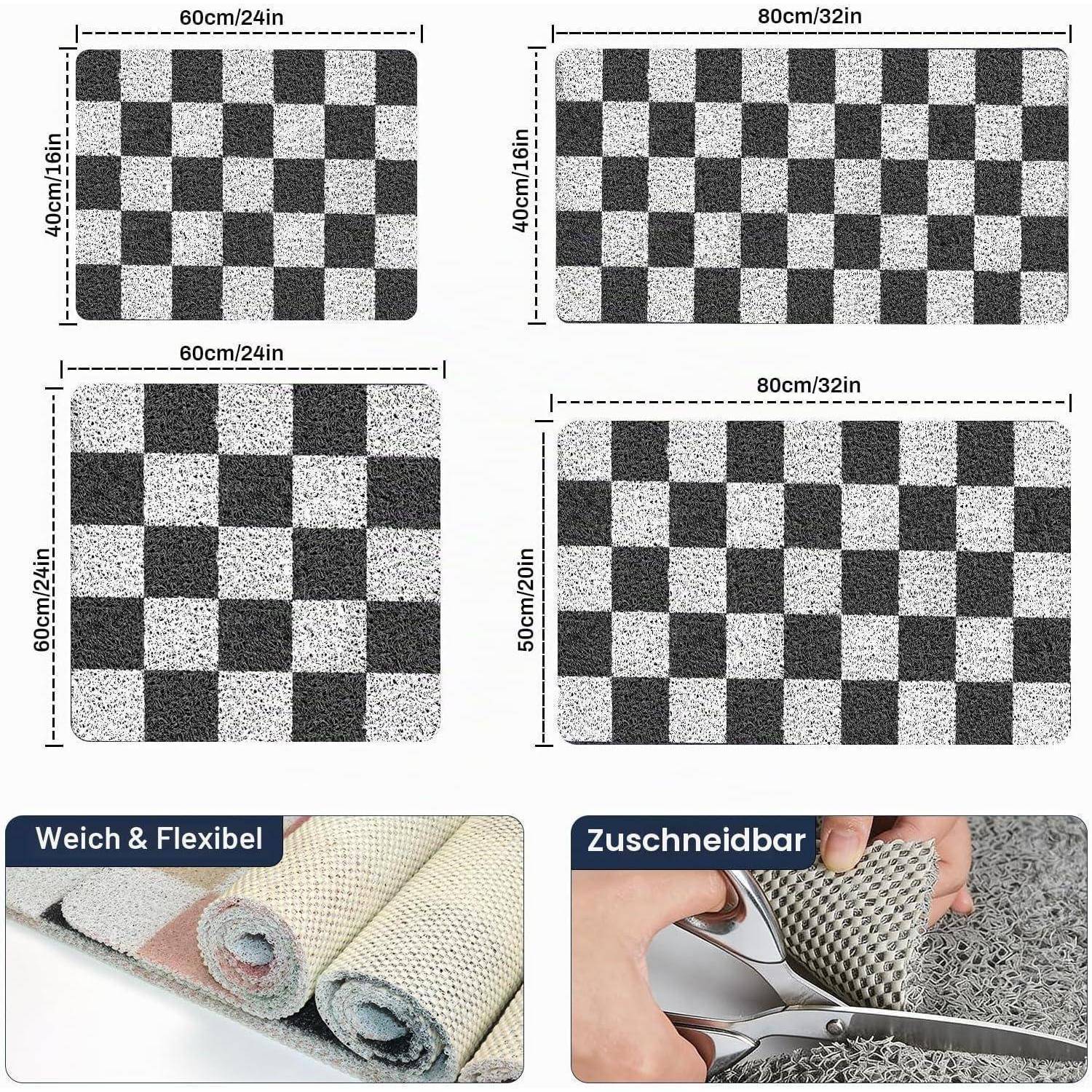 Collage von waschbaren Schachbrett-Teppichen in verschiedenen Größen mit beschrifteten Abmessungen in cm/in, plus Nahaufnahmen, die zeigen, dass der Teppich weich, flexibel und schneidbar ist.