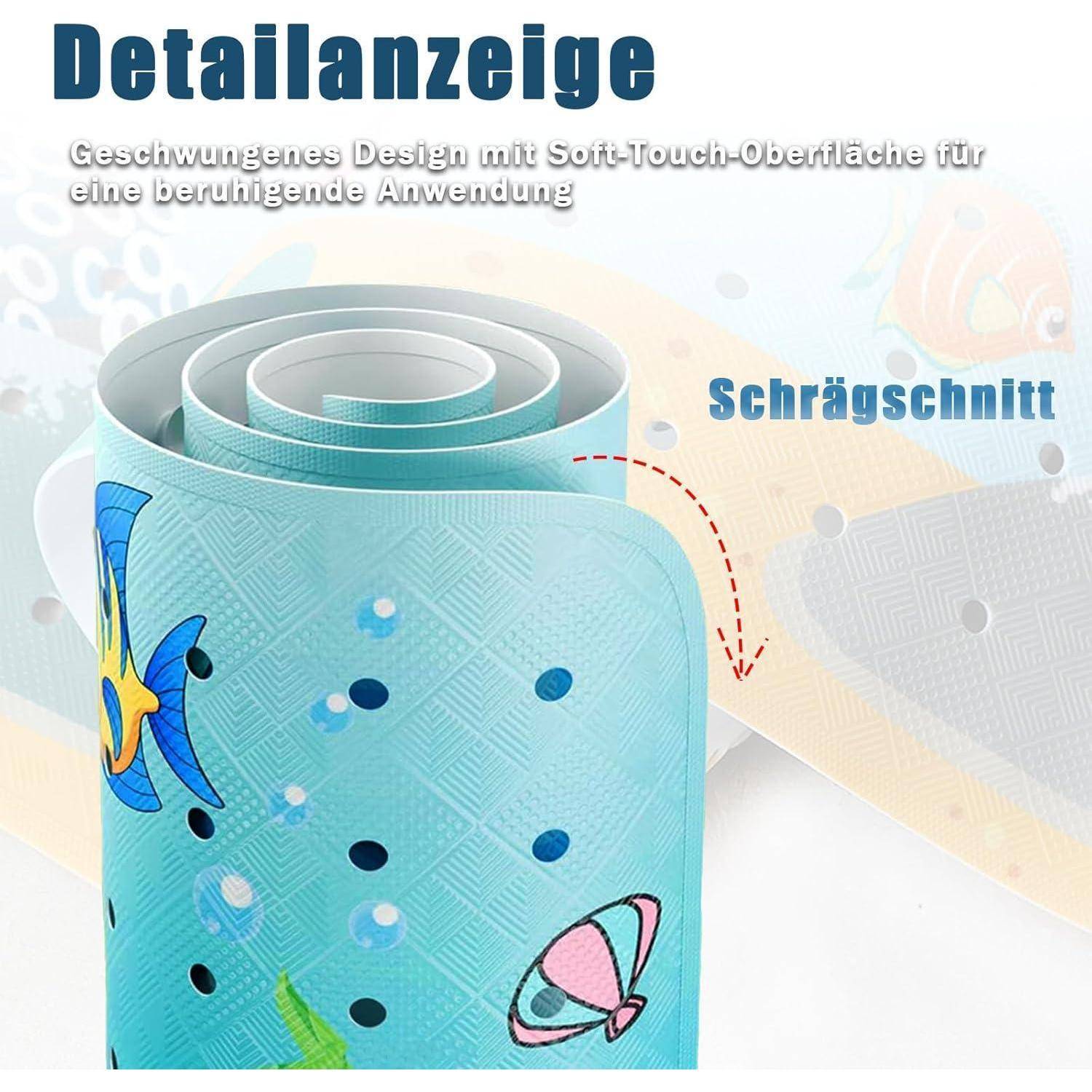 Illustration einer aufgerollten türkisfarbenen Matte mit gedruckten Schmetterlingen; deutscher Text hebt „Detailanzeige