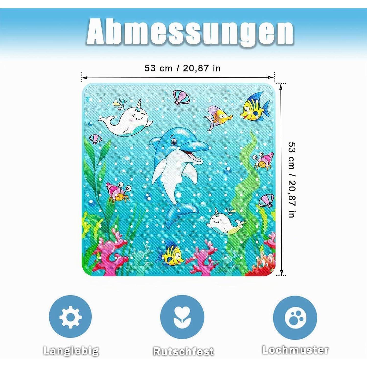 Quadratische Kinder-Badematte mit Delphin- und Fischdesign, mit der Bezeichnung 53 cm x 53 cm; verfügt über 'Langlebig', 'Rutschfest' und 'Lochmuster'.