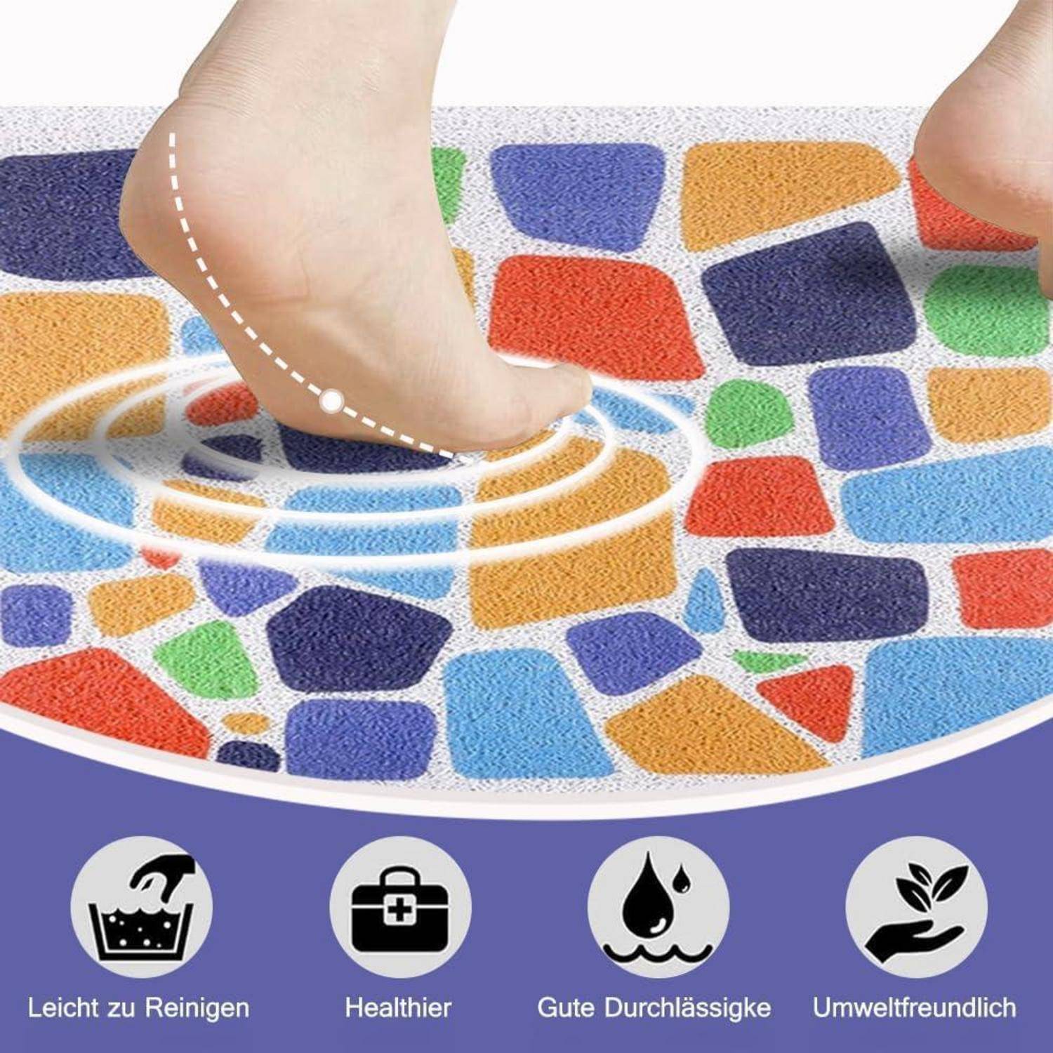 Fuß, der auf einer gemusterten Absorptionsmatte mit Wellen drückt, die die Polsterung zeigen; Symbole darunter behaupten leichte Reinigung, gesünder, hochabsorbierend, umweltfreundlich.
