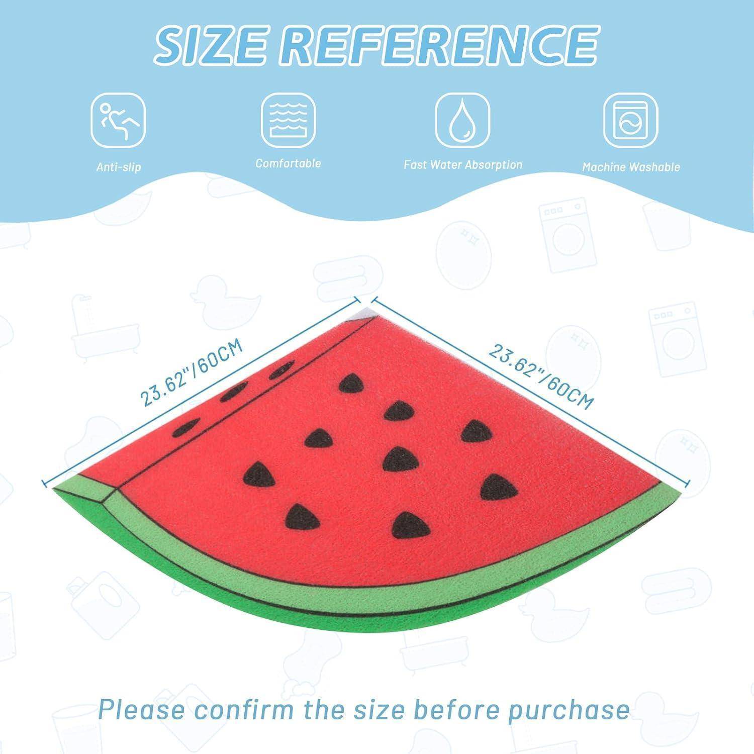 Größenreferenz einer wassermelonen-förmigen Bodenmatte, dargestellt als 23,62 Zoll x 23,62 Zoll (60 cm x 60 cm), mit Symbolen für rutschfest, bequem, schnelle Wasseraufnahme und maschinenwaschbar.