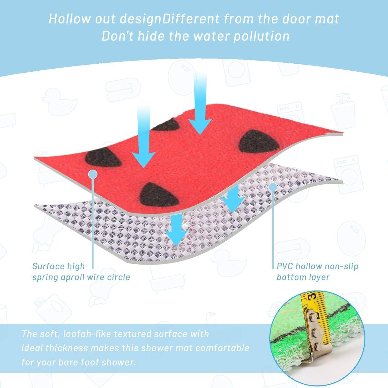 Illustration einer hohlen Badematte mit Wasser, das hindurchfließt, mit einer roten strukturierten oberen Schicht, perforiertem rutschfestem Boden und Pfeilen, die Luftstrom und Entwässerung hervorheben.