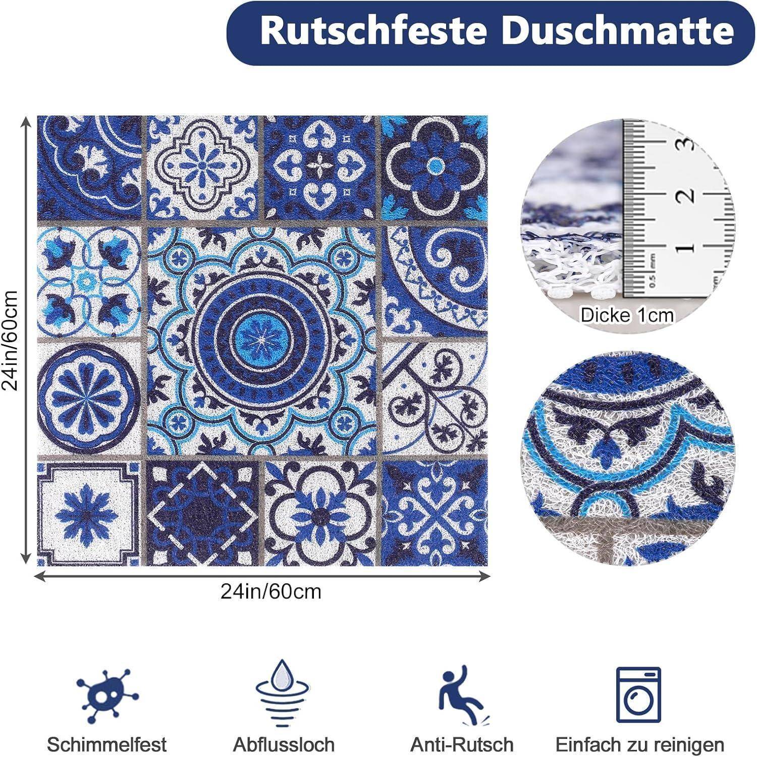 Blau gemusterter rutschfester Türmatte, 24 x 24 Zoll, 1 cm dick, mit wasser- und schmutzabweisenden Eigenschaften sowie einfach zu reinigen.