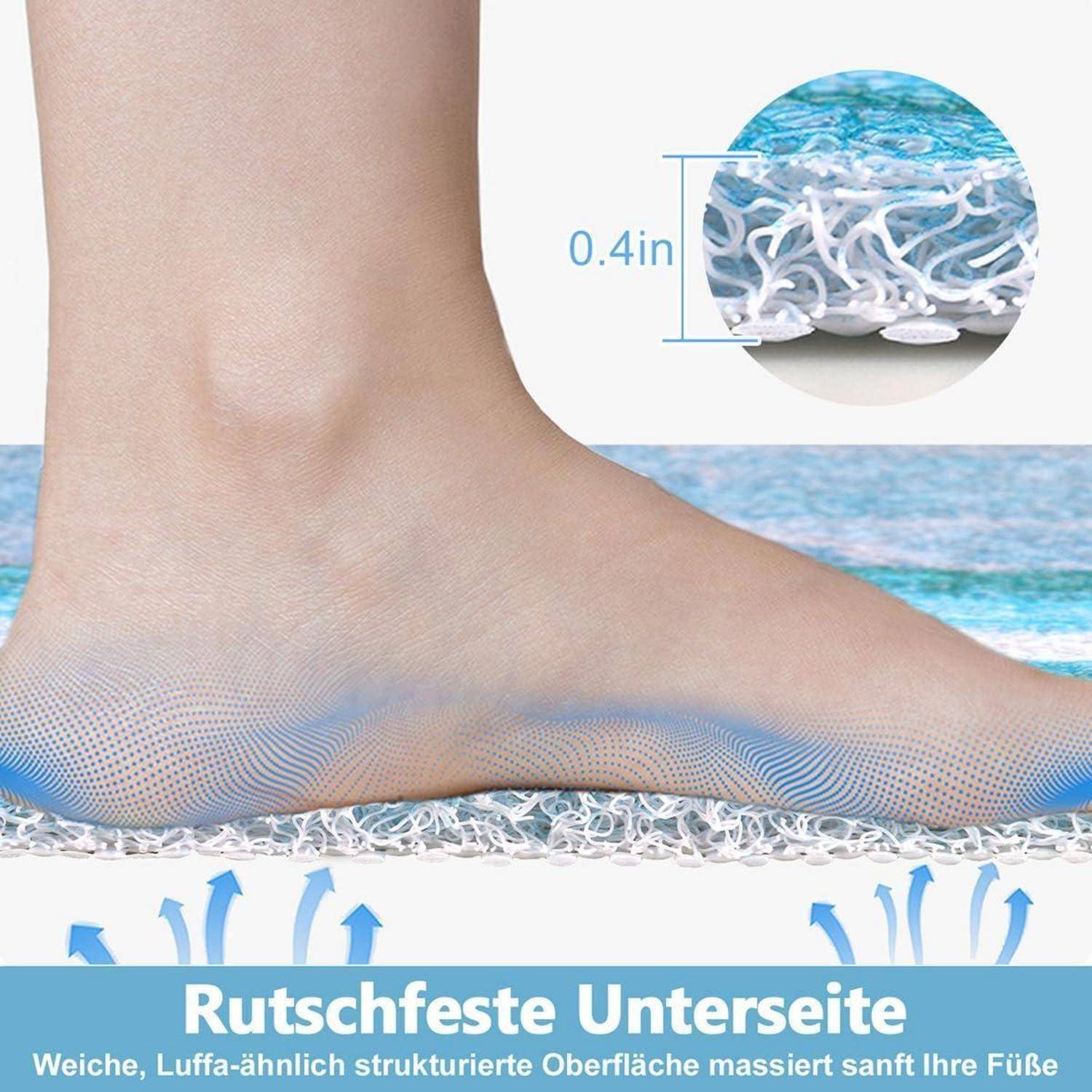 Fuß auf einer blau-weißen atmungsaktiven rutschfesten Matte; die Vergrößerung zeigt eine 0,4 Zoll dicke Maschenstruktur. Der Text besagt „Rutschfeste Unterseite" und beschreibt eine weiche, luftige Oberfläche.